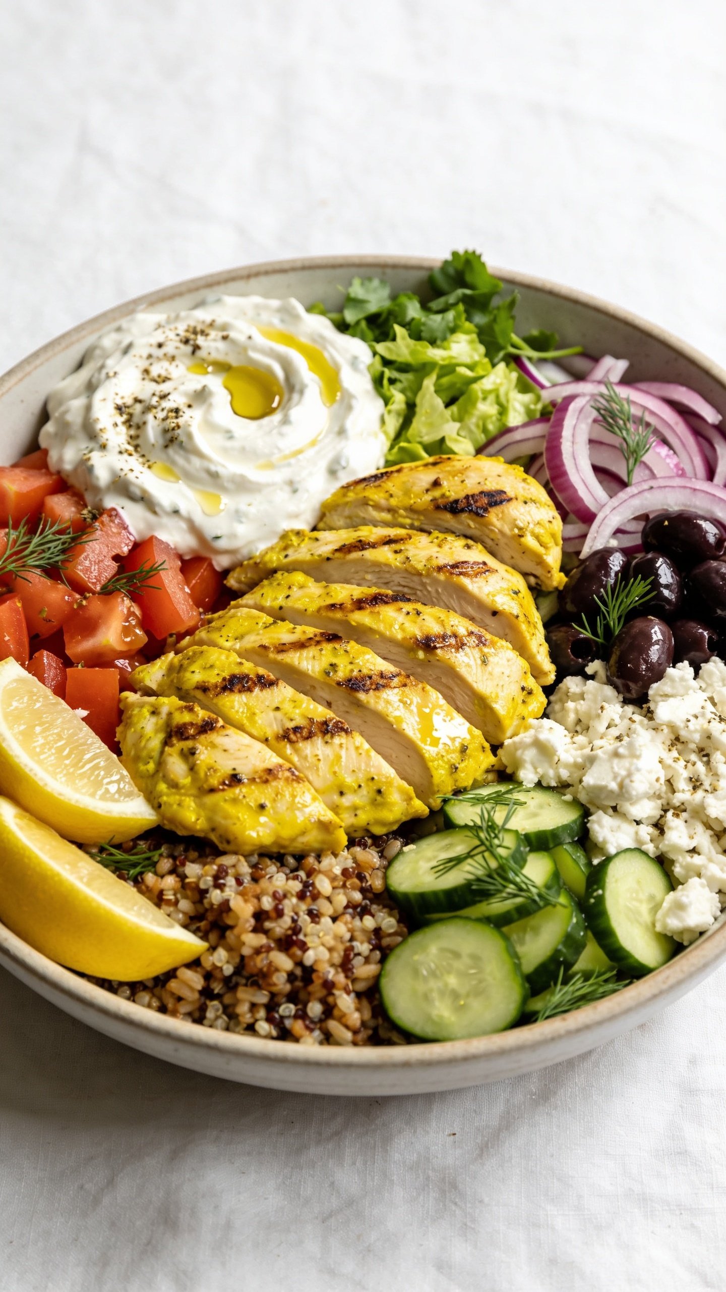 Ultra-close hero shot of a High Protein Chicken Gyro Bowl: a wide, low ceramic bowl filled with turmeric-tinted lemon-herb grilled chicken breast pieces with light char, neatly fanned over a base of fluffy warm brown rice and quinoa. Surround with classic gyro toppings arranged in generous mounds: diced ripe tomatoes, crisp Persian cucumber half-moons, thin red onion, kalamata olives, chopped romaine, and a sprinkle of crumbled feta. Two glossy lemon wedges tucked at the rim and a big dollop of thick, creamy tzatziki swirled on top with extra-virgin olive oil droplets and a dusting of dried oregano. Fresh dill and parsley scattered over everything. Bright natural window light, shallow depth of field, 90–95% frame filled with food, clean white linen background, premium food-blog styling, vibrant colors, juicy textures, and a light sheen on the chicken.