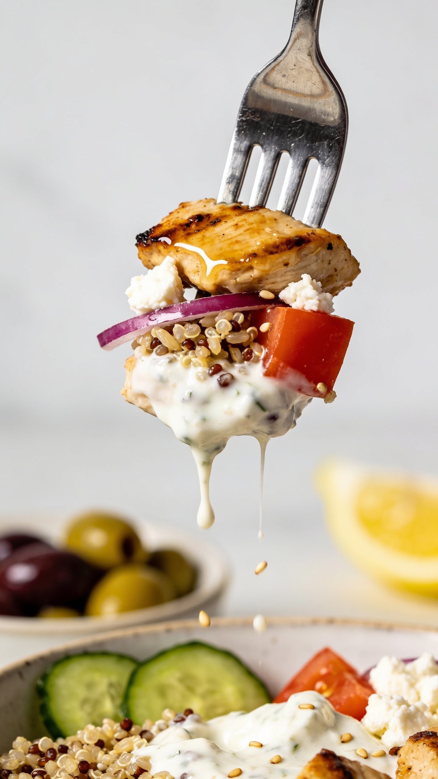 Dynamic action close-up capturing the perfect bite: a polished dinner fork lifting a stacked bite from the same gyro bowl—one juicy grilled chicken chunk coated with glistening tzatziki, a couple grains of brown rice and quinoa clinging, a sliver of red onion, a cube of tomato, and a crumble of feta. Threads of tzatziki gently stretch and a few sesame-sized droplets fall back toward the bowl. Background shows blurred bowl with olives, cucumbers, and lemon wedge bokeh. Bright natural lighting, shallow depth of field, 90–95% frame food focus, no hands visible, movement frozen one second before the bite reaches the mouth, rich textures and glossy sauce.