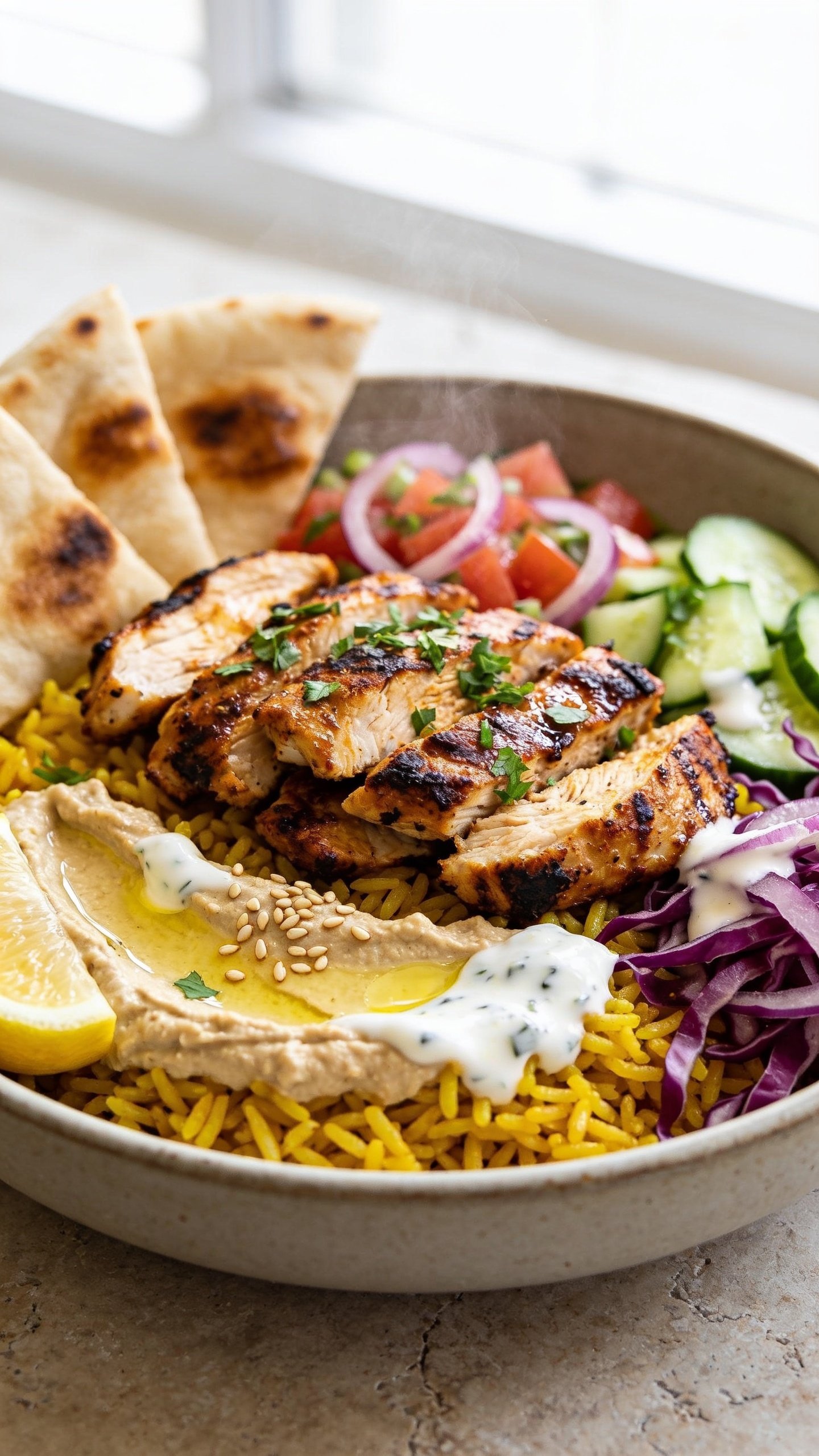 Ultra-close hero shot of a High Protein Chicken Shawarma Bowl: succulent, well-charred shawarma-spiced chicken slices piled over fluffy turmeric basmati rice, surrounded by crisp cucumber-tomato-onion salad, thinly sliced purple cabbage, garlicky hummus swipe, and a generous drizzle of creamy lemon-garlic yogurt sauce; garnished with chopped parsley and a few toasted sesame seeds, a lemon wedge tucked to the side, plus warm blistered pita wedges partially tucked into the bowl. Bright natural window light, shallow depth of field, glossy chicken edges, steam subtly visible, vibrant colors, matte ceramic bowl on a light stone surface, 90–95% frame filled with food.