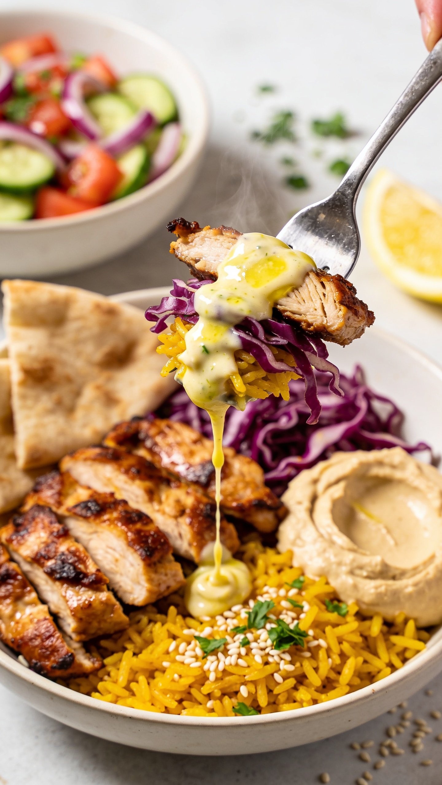 Dynamic action close-up capturing the perfect bite being lifted with a fork: a stacked bite of juicy, caramelized shawarma chicken, a tuft of turmeric rice, a ribbon of purple cabbage, and a swipe of hummus, all cloaked in a luscious ribbon of lemon-garlic yogurt sauce mid-drip back toward the bowl. Background bowl remains consistent: cucumber-tomato-onion salad, pita wedges, parsley sprinkle, sesame seeds, and lemon wedge visible softly out of focus. Bright natural light, shallow depth of field, glossy sauce gleam, crispy chicken edges, visible steam, no hands or people, utensil only, 90–95% of frame consumed by food.