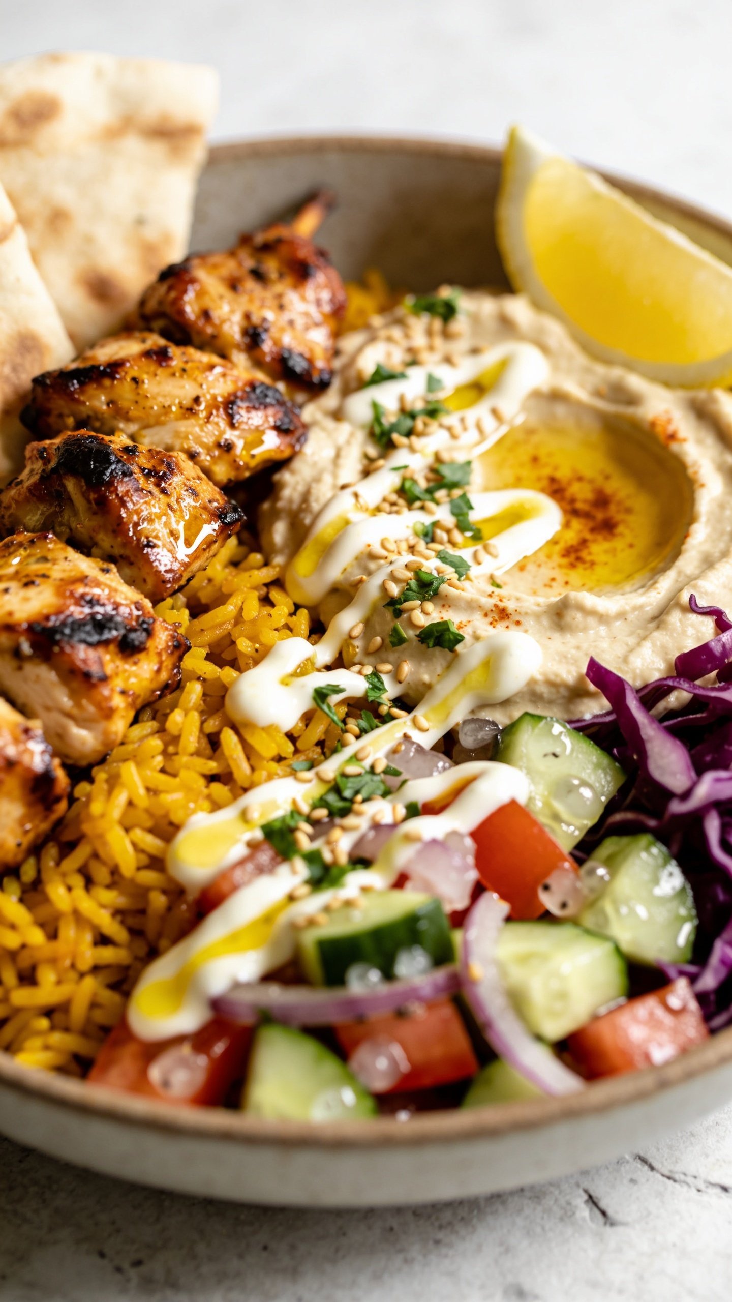 Extreme close-up from a different angle focusing on textures: charred shawarma chicken glistening with spice oil, golden turmeric rice grains distinct and fluffy, creamy hummus with olive oil sheen and faint paprika dusting, crunchy cucumber-tomato-onion salad beaded with moisture, purple cabbage threads crisp, all finished with a zigzag drizzle of lemon-garlic yogurt sauce and a confetti of chopped parsley and toasted sesame seeds. Bright natural lighting, shallow depth of field, matte ceramic bowl on light stone, consistent styling with lemon wedge and pita edges softly blurred, 90–95% frame filled with food.