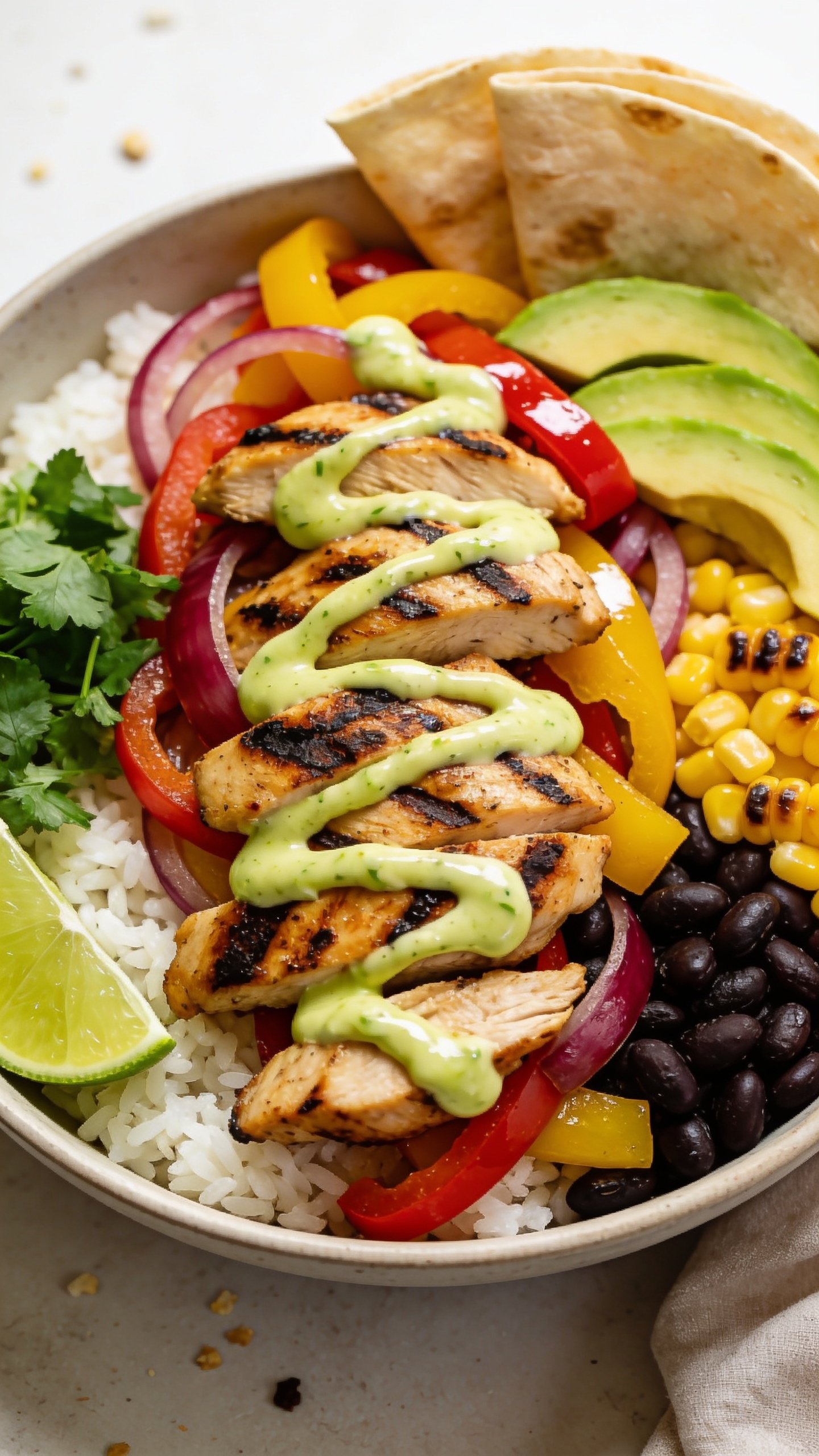 Ultra-close hero shot of a High Protein Fajita Chicken Bowl: charred fajita chicken strips with visible sear marks, glossy sautĂŠed red and yellow bell peppers and red onions, fluffy white rice base, black beans, grilled corn, fresh avocado slices, chopped cilantro, and lime wedges; a generous zigzag drizzle of zesty lime crema over the chicken and veggies; warm tortillas tucked at the edge of the bowl; bright natural window light, shallow depth of field, food filling 90â95% of frame, vibrant colors, premium food-blog styling on a light neutral background with subtle crumbs and a faint napkin for context, no text.