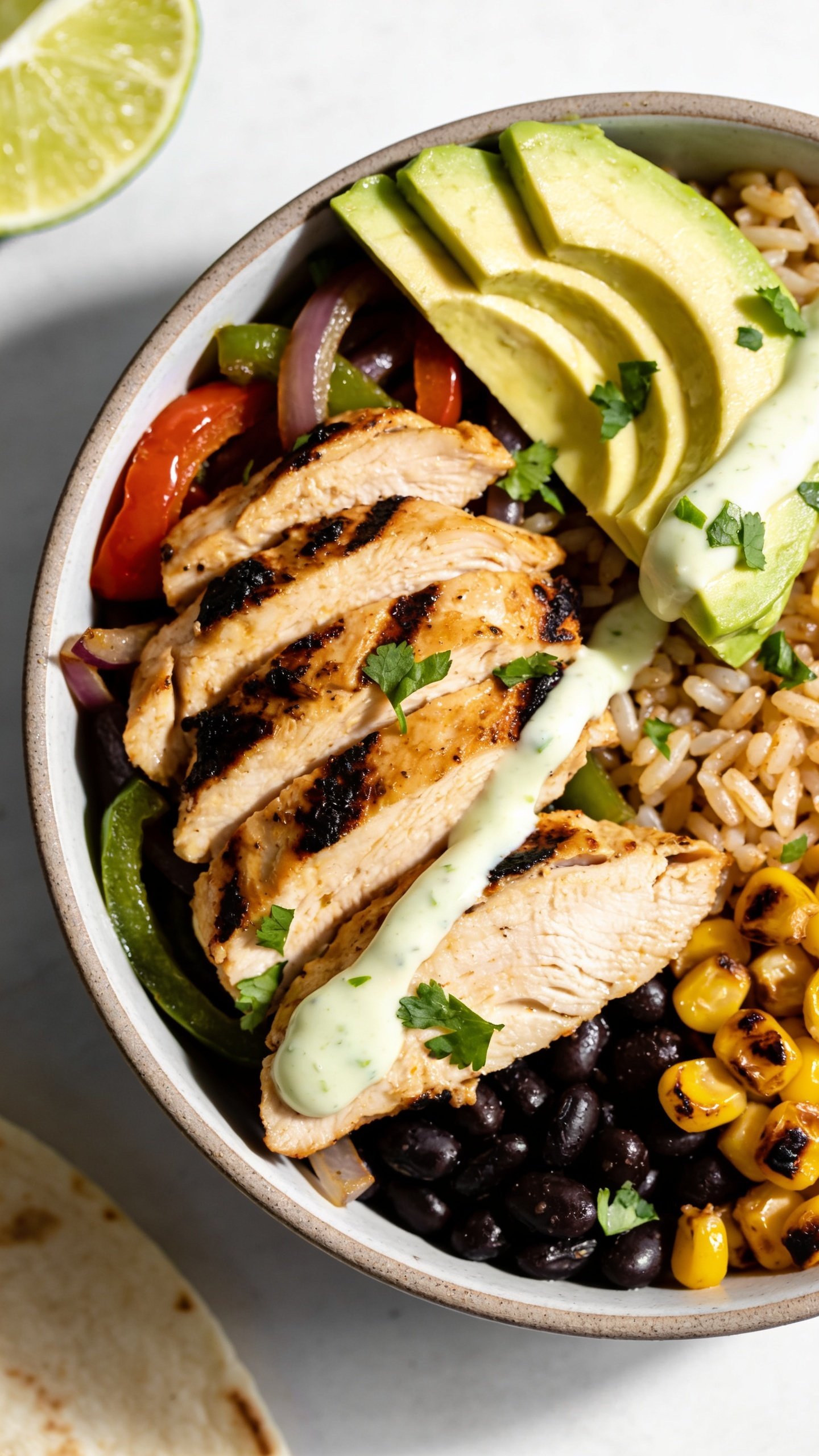 Macro angle from slightly overhead and to the side of the same finished bowl: focus on juicy texturesâmoist sliced chicken with charred edges, glossy peppers and onions, individual rice grains, black beans and grilled corn peeking through, creamy avocado fan, cilantro sprinkled, and lime crema drizzled in a smooth ribbon catching the light; subtle lime wedge and tortilla edge partially in frame; bright natural lighting, shallow depth of field, rich contrast and saturation, food filling 90â95% of frame, cohesive with prior images, no text.