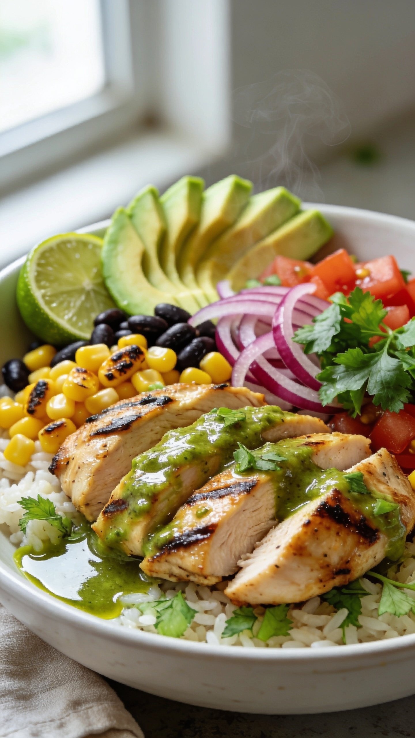 Ultra-close hero shot of a High Protein Salsa Verde Chicken Bowl: cilantro-lime rice base topped with sliced juicy grilled chicken breast coated in glossy salsa verde, charred corn kernels, black beans, diced ripe tomatoes, thinly sliced red onion, creamy avocado fan, fresh chopped cilantro, a lime wedge tucked at the rim, and a light drizzle of extra salsa verde pooling slightly around the chicken. Bright natural window light from the left, shallow depth of field with the foreground chicken in razor focus, background softly blurred. Bowl is matte white ceramic with a minimal linen napkin edge peeking in. Emphasize vibrant greens and yellows, glossy sauce sheen, tender chicken texture, and steam subtly rising for just-cooked freshness. Food fills 90–95% of frame, premium food-blog styling.