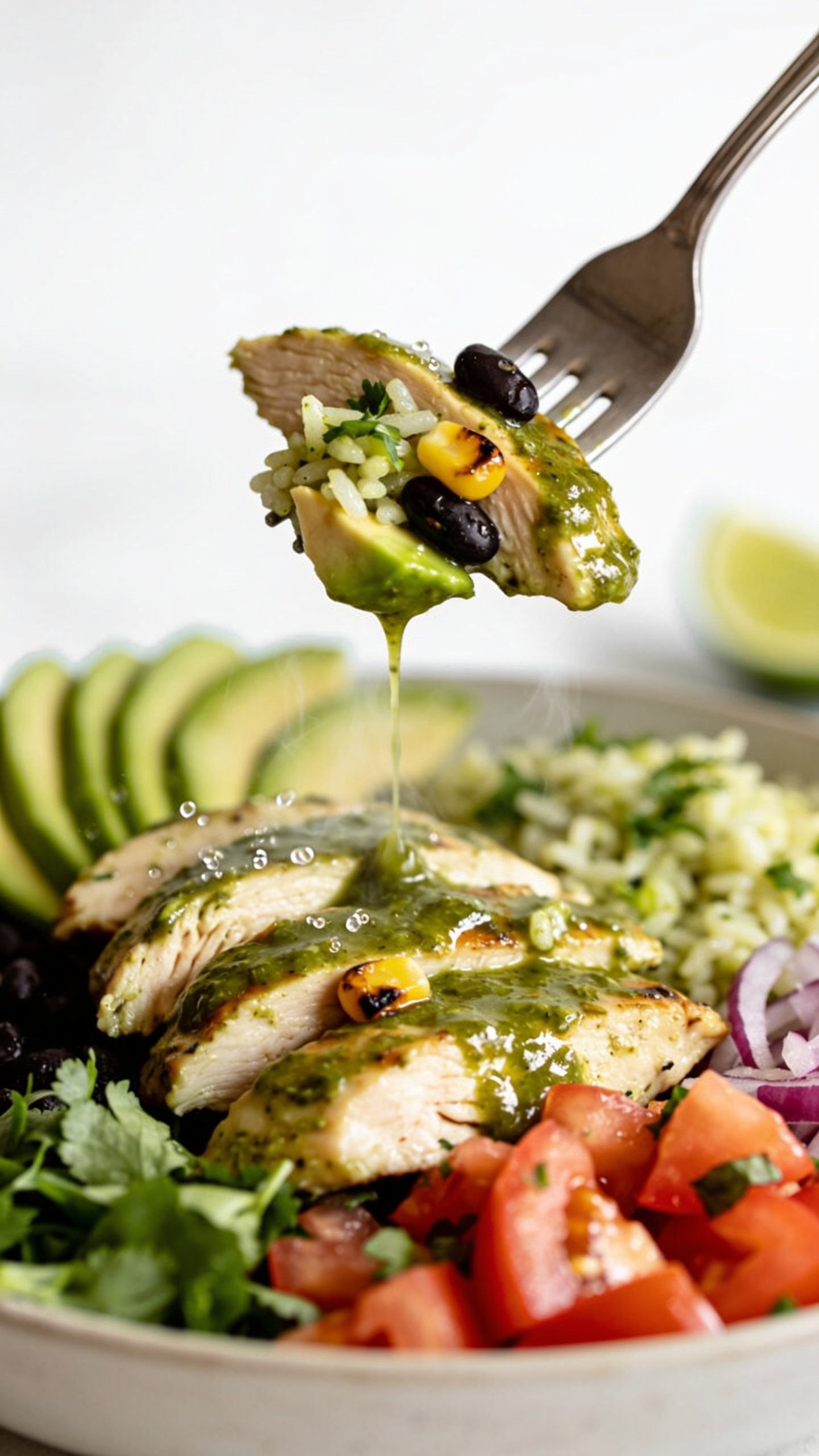 Dynamic action close-up of the same Salsa Verde Chicken Bowl at the exact bite moment: a fork lifting the perfect bite—stacked with a juicy slice of salsa-verde–glossed chicken, a few grains of cilantro-lime rice, a black bean, a kernel of charred corn, and a tiny shard of avocado—trailing a glistening ribbon of salsa verde that’s just beginning to drip. No hands visible, only the fork entering from the right edge. In-bowl elements remain: avocado fan, diced tomato, red onion, cilantro, lime wedge. Bright natural light, shallow depth of field, micro-beads of moisture on the chicken, steam faintly visible. Food dominates 90–95% of frame, movement frozen one second before the bite, rich textures and vibrant colors.