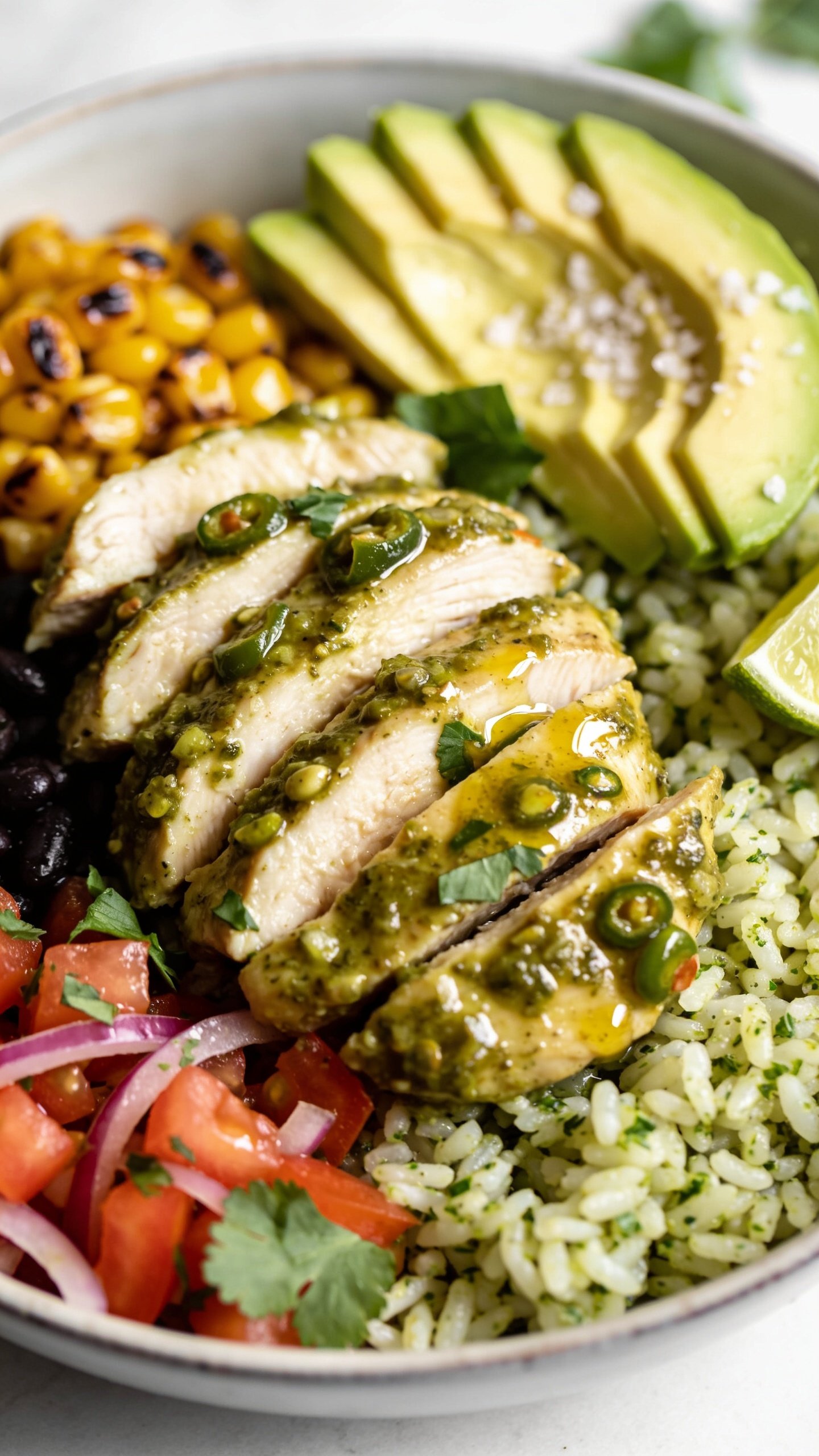 Extreme close-up angle from slightly overhead of the same finished bowl, focusing on texture contrasts: sliced chicken breast lacquered in salsa verde with visible tomatillo seeds and flecks of jalapeño, glossy highlights on the sauce; fluffy cilantro-lime rice grains distinct; creamy avocado fan with sea salt crystals; charred corn and black beans nestled beside diced tomatoes and thin red onion; fresh cilantro leaves scattered. A small squeeze of lime glistens on the chicken and rice. Bright natural lighting, shallow depth of field isolating the chicken and avocado, soft blur on the far bowl rim. Food fills 90–95% of the frame, crisp, vibrant, and irresistibly fresh.