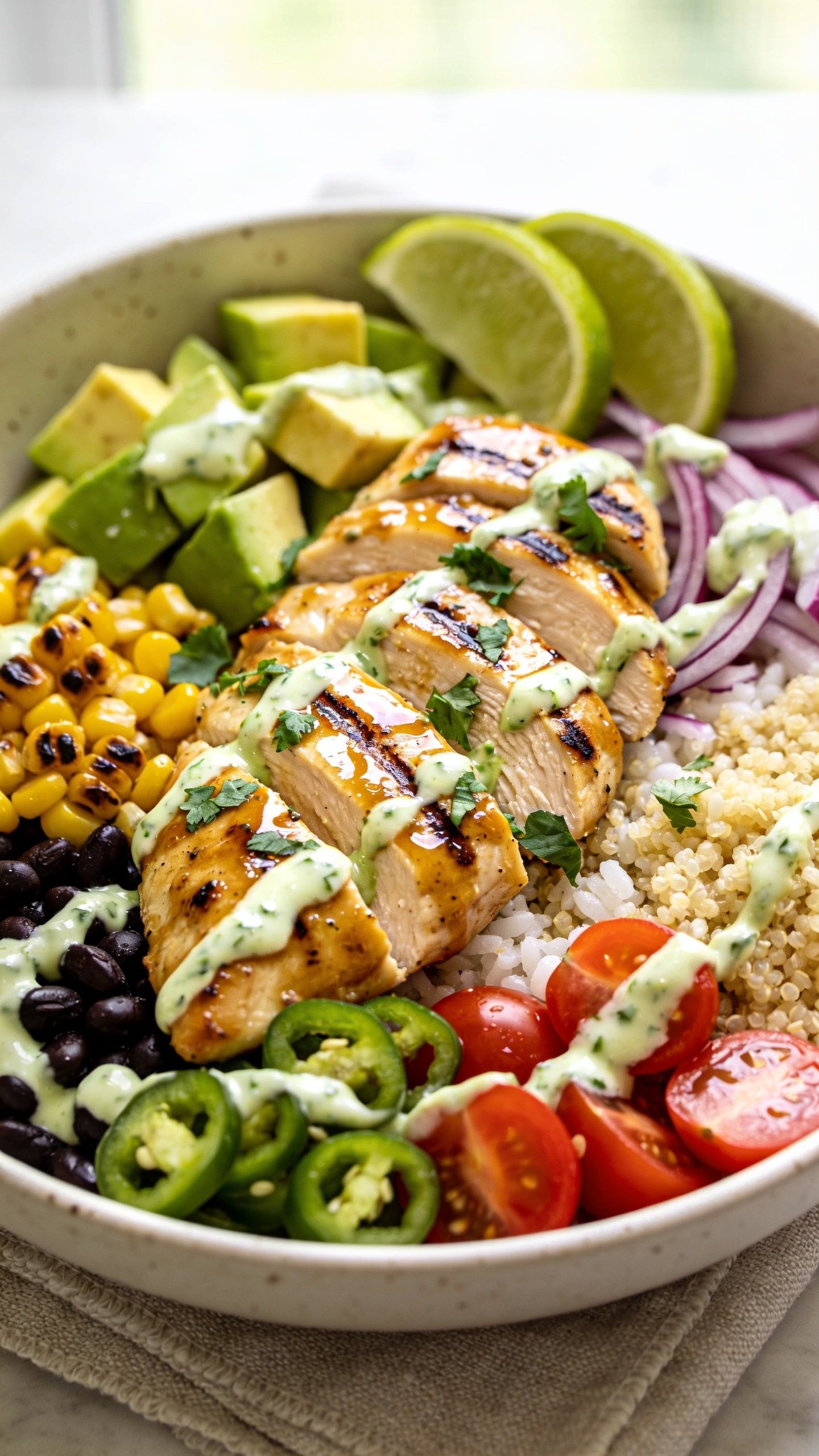 Ultra close-up hero shot of a High Protein Cilantro Lime Chicken Bowl: glossy grilled chicken breast sliced into juicy strips with light char marks, tossed in a cilantro-lime glaze; served over fluffy white rice or quinoa, surrounded by diced avocado, charred corn, black beans, thinly sliced red onion, cherry tomato halves, and jalapeño rounds; drizzled with a creamy Greek yogurt cilantro-lime sauce and sprinkled with fresh chopped cilantro and a few lime wedges tucked at the rim. Bright natural window light, shallow depth of field, 90–95% of frame filled with the bowl, vibrant greens/yellows/reds, premium food-blog styling on a neutral ceramic bowl with a lightly textured linen underneath, ultra crisp textures and dewy shine on the sauce.