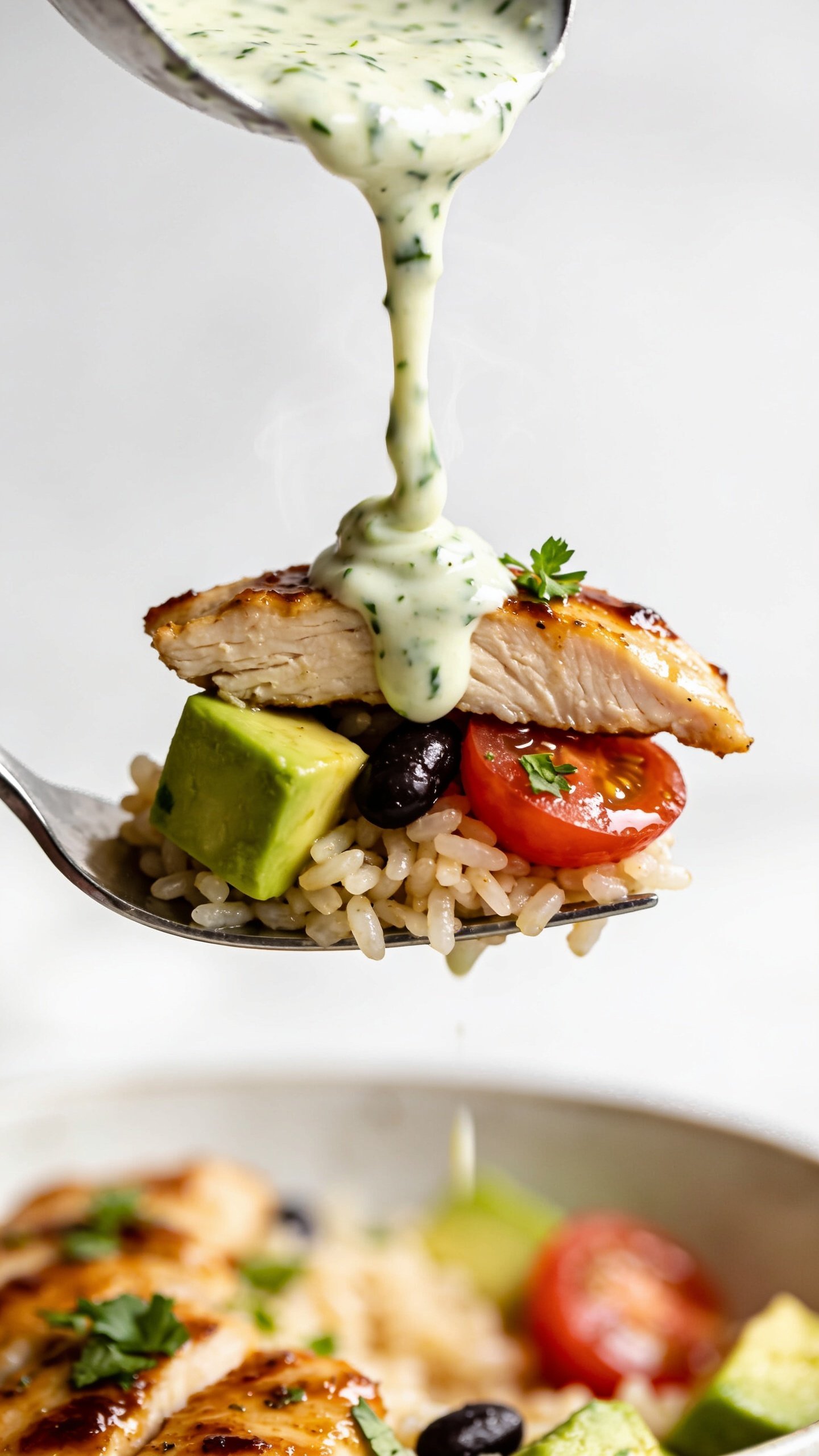 Dynamic action close-up capturing the perfect bite being lifted with a fork from the same cilantro-lime chicken bowl: the fork holds a stacked mouthful—one juicy slice of cilantro-lime glazed chicken, a few glossy grains of rice, a cube of avocado, a black bean or two, a cherry tomato half, and a fleck of cilantro—while a silky stream of creamy cilantro-lime yogurt sauce drizzles midair onto the bite. No hands visible. Steam subtly rising, bright natural light, shallow depth of field blurring the rest of the bowl beneath, 90–95% food in frame, explosive color and shine, motion frozen one second before the bite reaches the mouth.