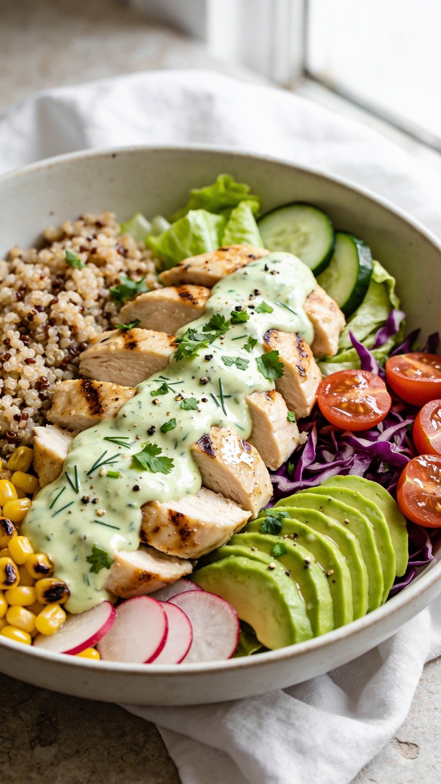 Ultra-close, premium food-blog hero shot of High Protein Avocado Ranch Chicken Bowls: a wide, shallow ceramic bowl filled 90–95% of frame with sliced juicy grilled chicken breast (light char, glistening), fluffy quinoa-brown rice blend, crisp romaine and shredded purple cabbage, sweet cherry tomato halves, thin-sliced cucumber and radish, charred corn kernels, and ripe avocado fan. Everything is lightly glossed with creamy avocado ranch dressing (pale green with flecks of dill, chives, and parsley) and topped with a sprinkle of chopped fresh cilantro and cracked black pepper. Bright natural window light from the side, shallow depth of field, soft white linen and a neutral stone background, no text, no hands, consistent styling for all images.