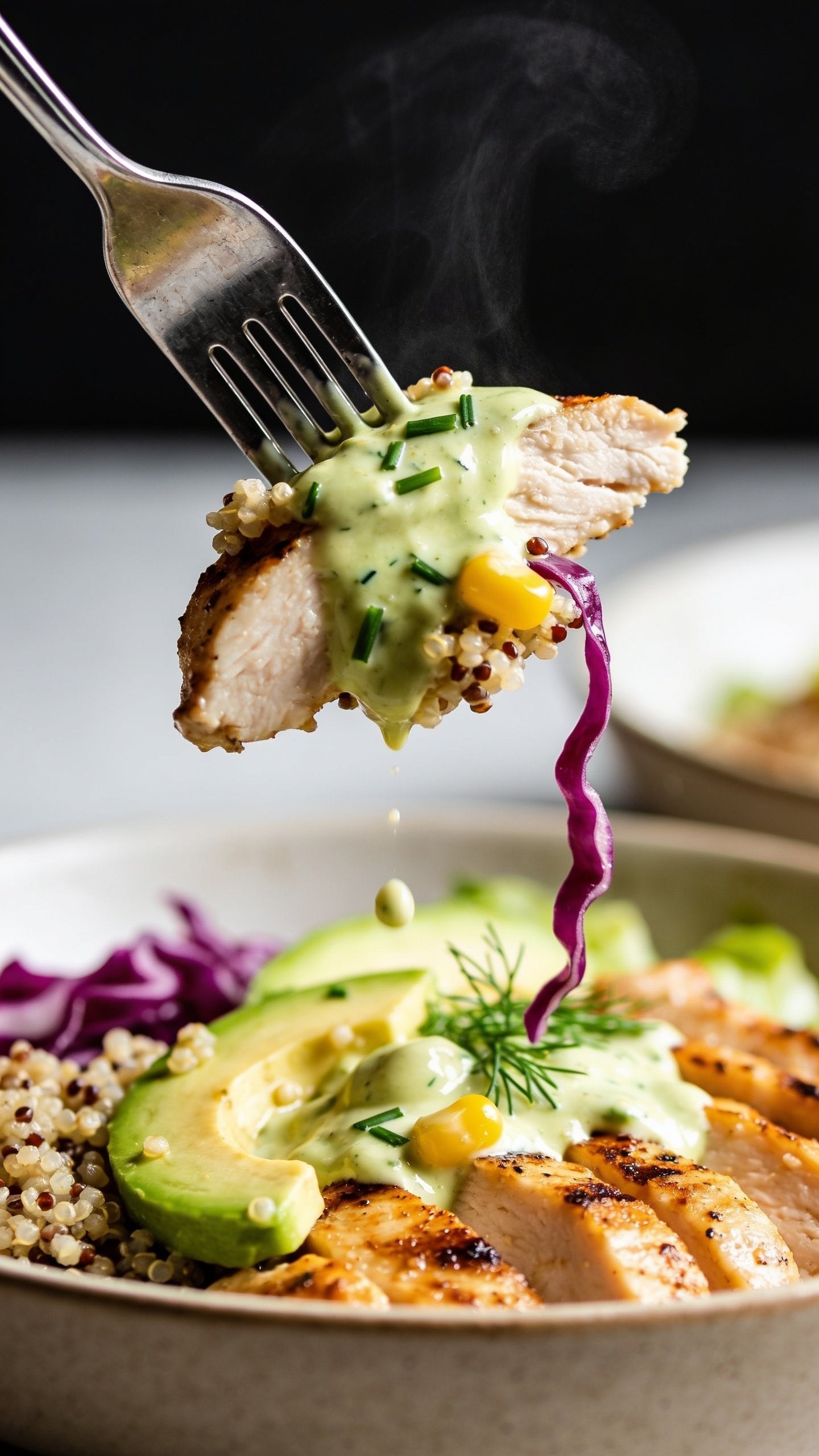 Dynamic action close-up capturing the single most irresistible bite: a fork lifting the perfect mouthful from the same bowl—juicy slice of grilled chicken draped with creamy avocado ranch, a few quinoa grains clinging, a sliver of avocado, a strand of purple cabbage, and a corn kernel, with tiny droplets of dressing suspended mid-air. Steam subtly rising, fresh chives and dill flecks visible in the glossy dressing, bokeh background of the remaining bowl. Bright natural lighting, shallow depth of field, 90–95% food in frame, no hands, only the fork tip visible, intense texture and movement.