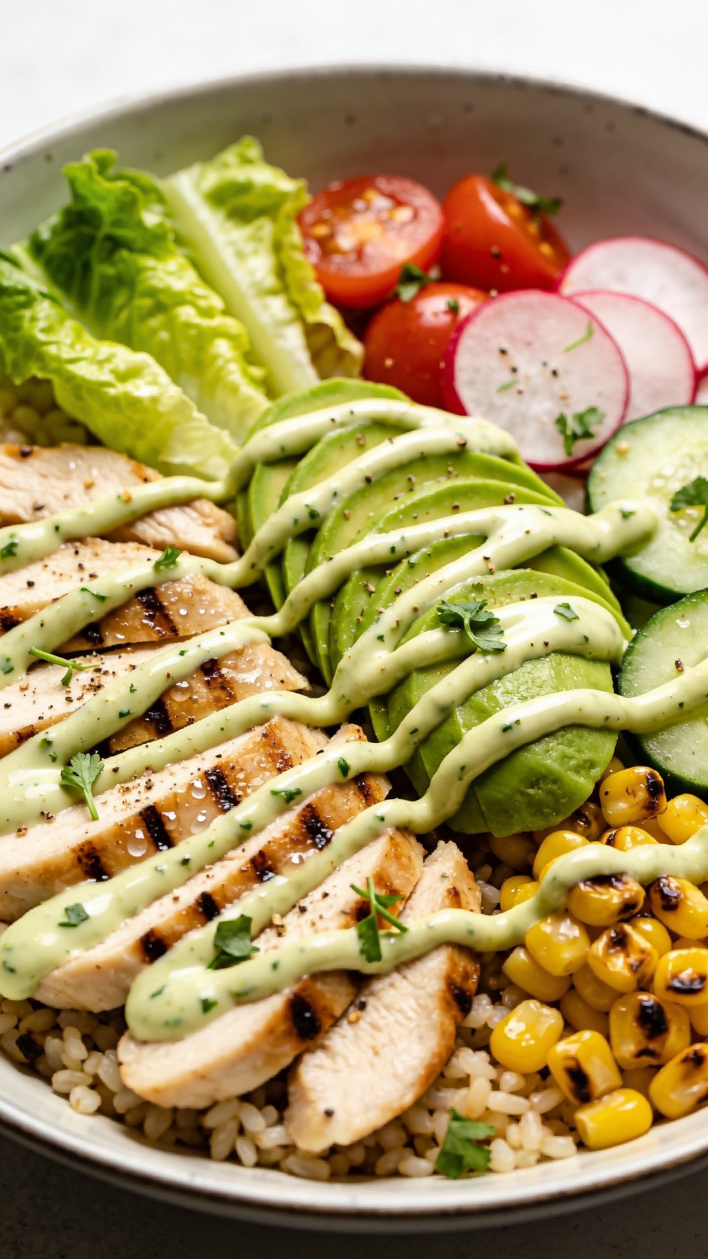 Extreme close-up angled top-side view of the same finished bowl emphasizing textures: chicken slices fanned over grains with visible grill marks and moisture beads, avocado fan nestled beside crisp romaine and cucumber, radish coins and cherry tomatoes adding pop, charred corn scattered, and a generous zigzag drizzle of creamy avocado ranch with herb specks catching the light. Final touch of freshly cracked pepper and micro-cilantro. Bright natural light, shallow depth of field, tight crop filling 90–95% of frame, cohesive styling with the first two images, no text or hands.