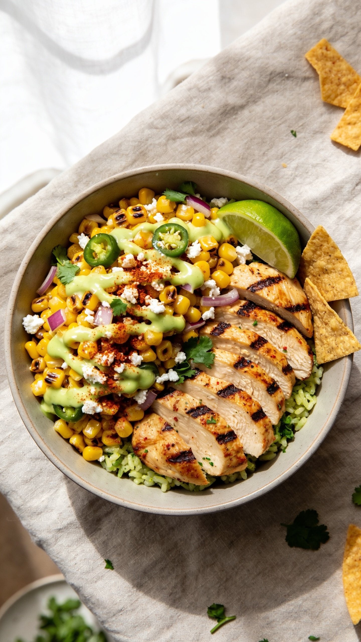 Ultra-close, hero overhead shot of a High Protein Street Corn Chicken Bowl: sliced chili-lime grilled chicken breasts with deep grill marks arranged over a base of cilantro-lime rice, generous mound of charred street-corn salad (golden corn kernels with light char, cotija crumbles, jalapeño, red onion), drizzled glossy zesty yogurt-lime sauce, dusting of chili powder and smoked paprika, scatter of fresh cilantro and lime wedges tucked at the rim; add a few crispy tortilla strip pieces for crunch; bright natural window light, shallow depth of field, vibrant colors, minimal matte ceramic bowl on a neutral linen, food filling 90–95% of frame, premium food-blog styling, no text on image.