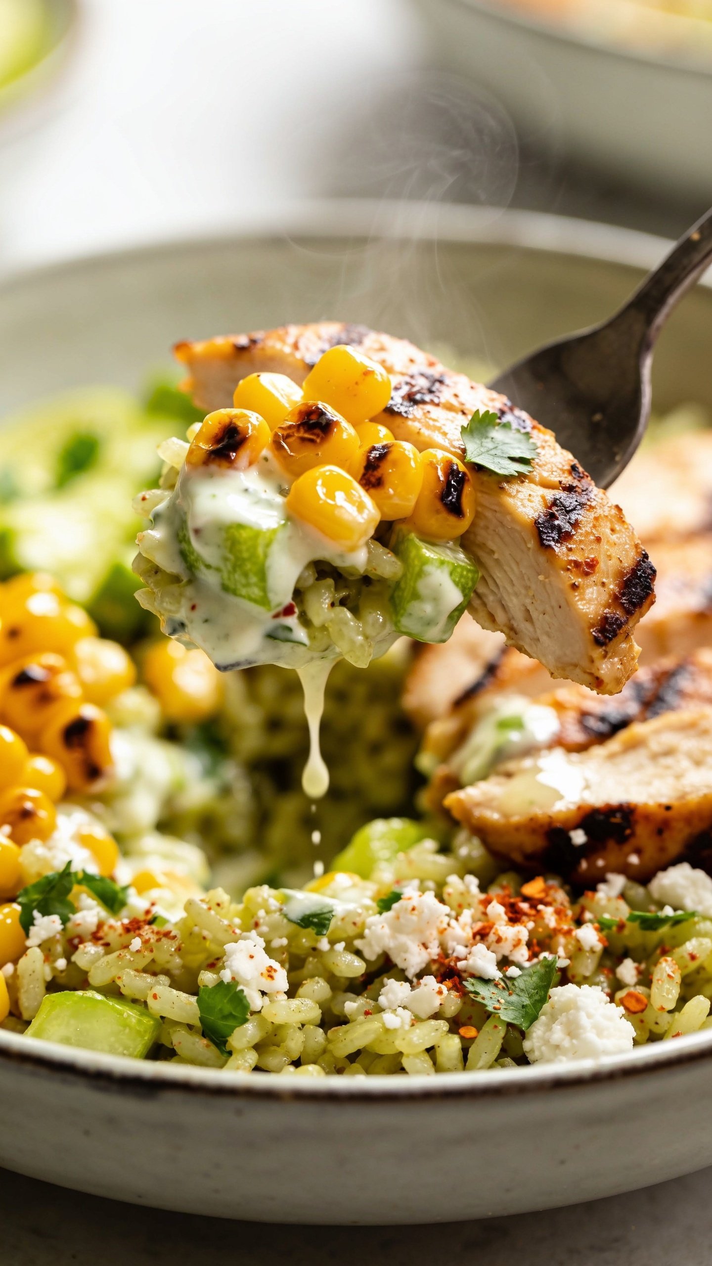 Extreme close-up action shot capturing the single most irresistible bite: a fork lifting the perfect mouthful from the same bowl—juicy slice of chili-lime grilled chicken with visible char, a cluster of glossy charred corn kernels clinging with creamy yogurt-lime sauce, a few grains of cilantro-lime rice, flecks of cotija and chili powder, tiny cilantro leaf; subtle steam rising, sauce glistening, background bowl softly blurred; bright natural lighting, shallow depth of field, dynamic movement frozen one second before the bite, food filling 90–95% of frame, no hands or people visible, premium magazine-cover energy, no text.