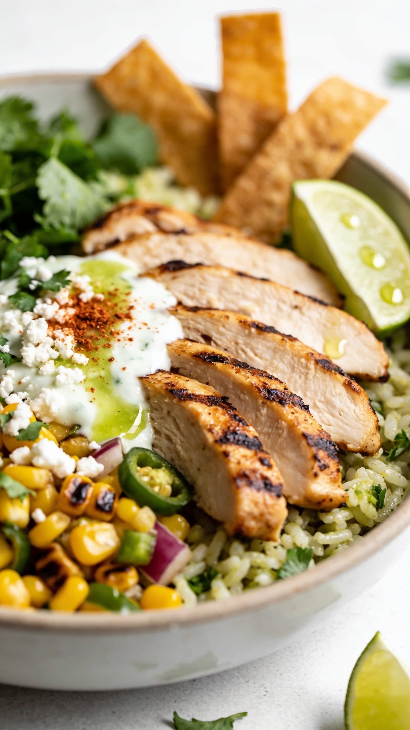 Ultra-close 45-degree angle beauty shot of the same finished bowl: focus on textures—moist grilled chicken slices fanned over cilantro-lime rice, charred corn salad with visible jalapeño and red onion, creamy yogurt-lime drizzle pooling slightly, cotija crumbles, fresh cilantro sprigs, a light dusting of chili powder, a lime wedge with condensation; a few crispy tortilla strips adding height and crunch; bright natural side light, shallow depth of field with foreground chicken in crisp focus and background softly blurred; food fills 90–95% of frame, cohesive styling to match previous images, no text.