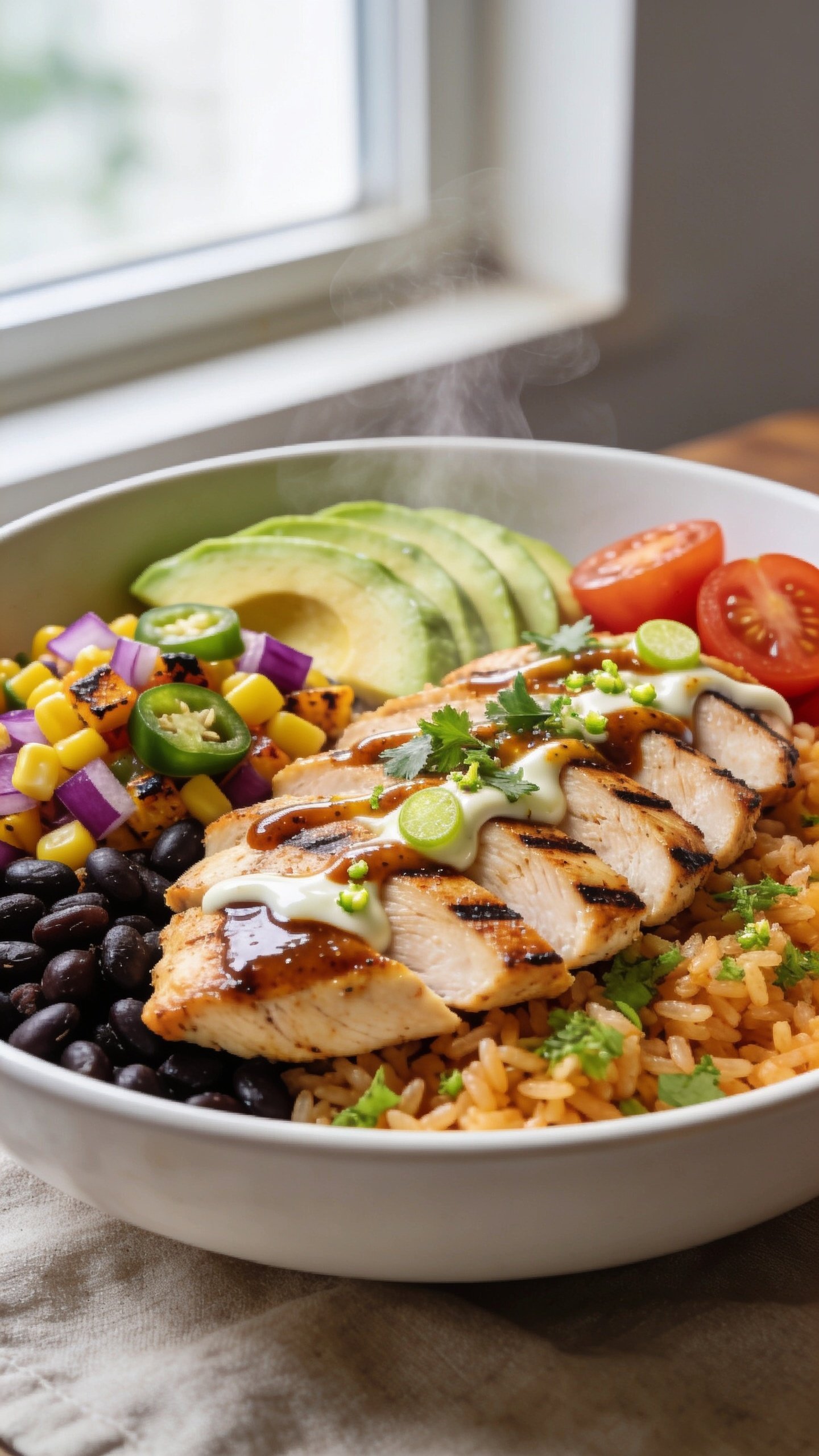 Ultra close-up hero shot of a High Protein Southwest Chicken Bowl: sliced chili-lime grilled chicken breast fanned over warm cilantro-lime rice, nestled with black beans, charred corn salsa with red onion and diced jalapeĂąo, creamy avocado slices, halved cherry tomatoes, a drizzle of smoky chipotle-lime crema, and a sprinkle of fresh cilantro and lime zest; vibrant Tex-Mex colors, juicy grill marks glistening, glossy crema ribbons, steam subtly rising; shot in bright natural window light on a matte white bowl with a neutral linen beneath, shallow depth of field, food fills 90â95% of frame, premium food-blog styling, crisp textures and saturated tones, same plating and ingredients visible in every image of the set.