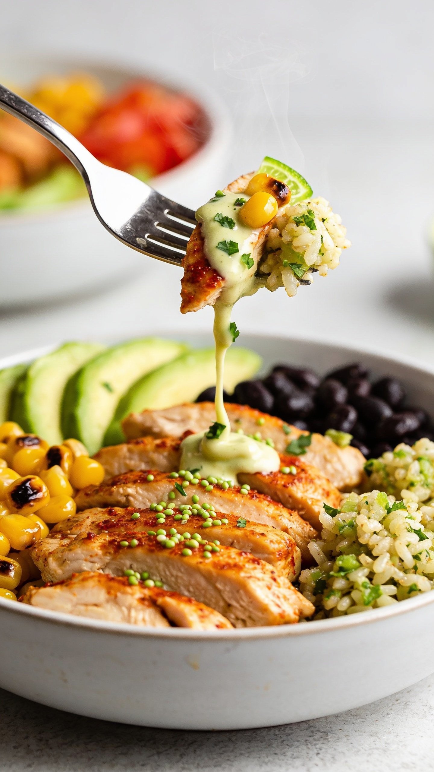 Dynamic action close-up: a polished fork lifting the perfect bite from the same Southwest Chicken Bowlâone juicy strip of chili-lime chicken, a few glossy charred corn kernels, a bit of black bean, a grain cluster of cilantro-lime rice, and a smear of chipotle-lime crema clinging and trailing in a silky ribbon; micro-beads of lime on the chicken, tiny cilantro flecks, steam faintly rising; background shows the same bowl blurred but recognizable with avocado slices and tomatoes; bright natural lighting, shallow depth of field, food filling 90â95% of frame, no hands visible, premium magazine-style motion freeze, maintaining identical ingredients and styling as the hero.