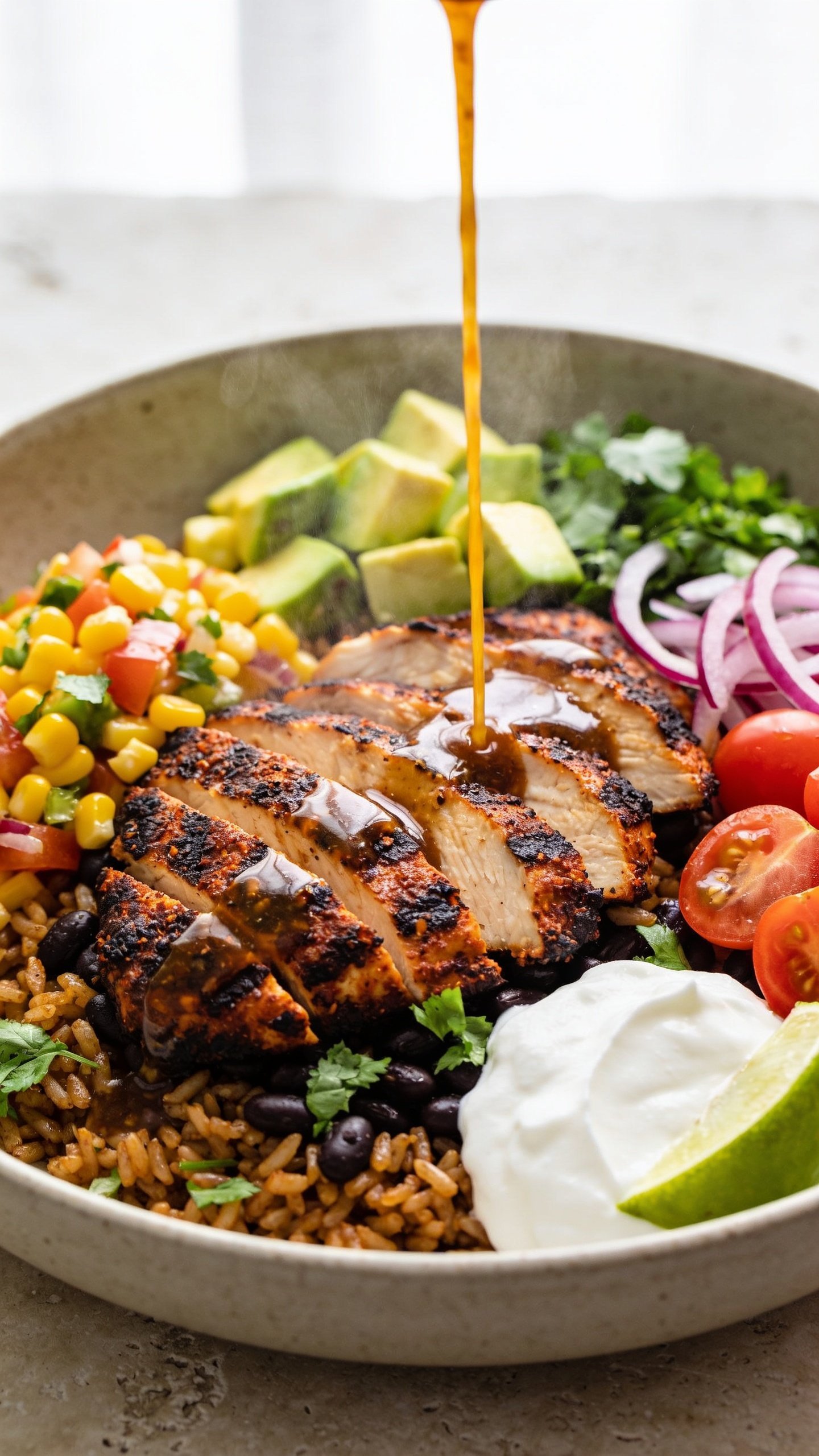 Ultra-close hero shot of a High Protein Blackened Chicken Bowl: sliced, juicy blackened chicken breasts with a deep charred Cajun crust fanned over warm cilantro-lime brown rice and black beans, topped with bright corn salsa, diced ripe avocado, halved cherry tomatoes, thinly sliced red onion, chopped fresh cilantro, and a dollop of thick Greek yogurt with a squeeze of lime wedge on the side. Light drizzle of glossy smoky chipotle-lime dressing over the bowl, glistening in bright natural window light. Shallow depth of field, crisp textures on the chicken’s spice crust, steam subtly rising from the rice and beans, vibrant colors popping against a neutral matte ceramic bowl on a light stone surface. Food fills 90–95% of the frame, premium food-blog styling, no text.