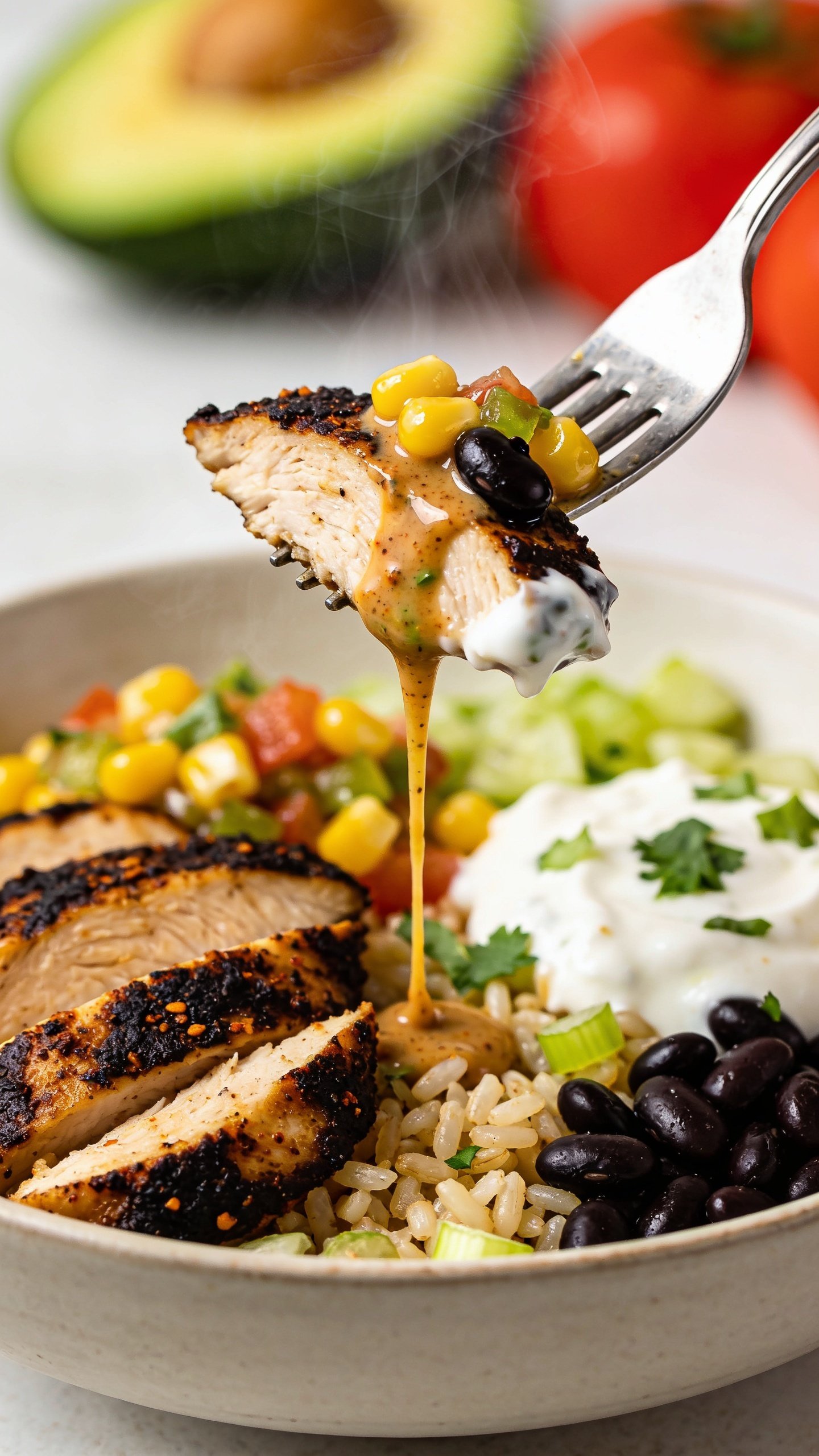 Dynamic action close-up: a fork lifting the perfect bite from the same High Protein Blackened Chicken Bowl—one charred, juicy slice of blackened chicken with visible spice crust, a few glossy kernels of corn salsa, a bit of creamy Greek yogurt clinging to the edge, some cilantro-lime rice grains and a black bean caught in the tines, with a ribbon of chipotle-lime dressing slowly trailing back to the bowl. Steam faintly visible, vibrant avocado and tomatoes blurred in the background. Bright natural lighting, shallow depth of field, movement frozen one second before the bite reaches the mouth. Only the fork as the utensil, no hands, food fills 90–95% of the frame.