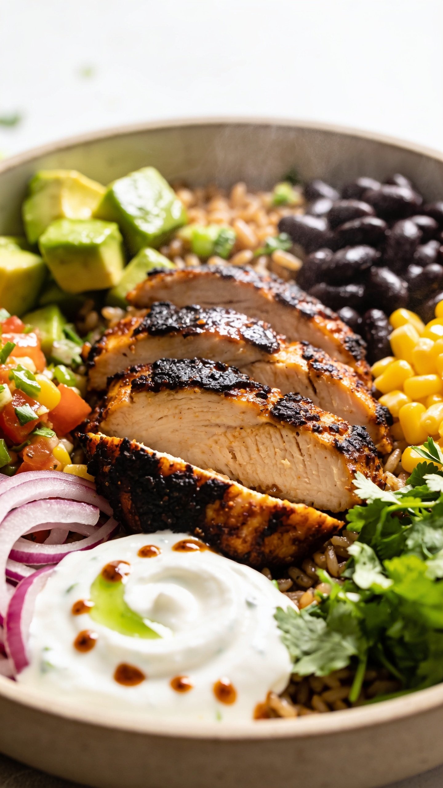 Extreme close-up from a low angle focusing on texture: the same finished bowl with the sliced blackened chicken front and center, showcasing the glossy, caramelized spice crust, juicy interior, and crispy edges. Surrounding details include glistening avocado cubes, glossy black beans tucked into fluffy cilantro-lime brown rice, juicy corn salsa, thin red onion, fresh cilantro, and a creamy swirl of Greek yogurt with droplets of chipotle-lime dressing beading on top. Bright natural side light, shallow depth of field, bokeh on the far edge of the bowl, vibrant colors, and slight rising steam. Food fills 90–95% of the frame, cohesive with the other shots.