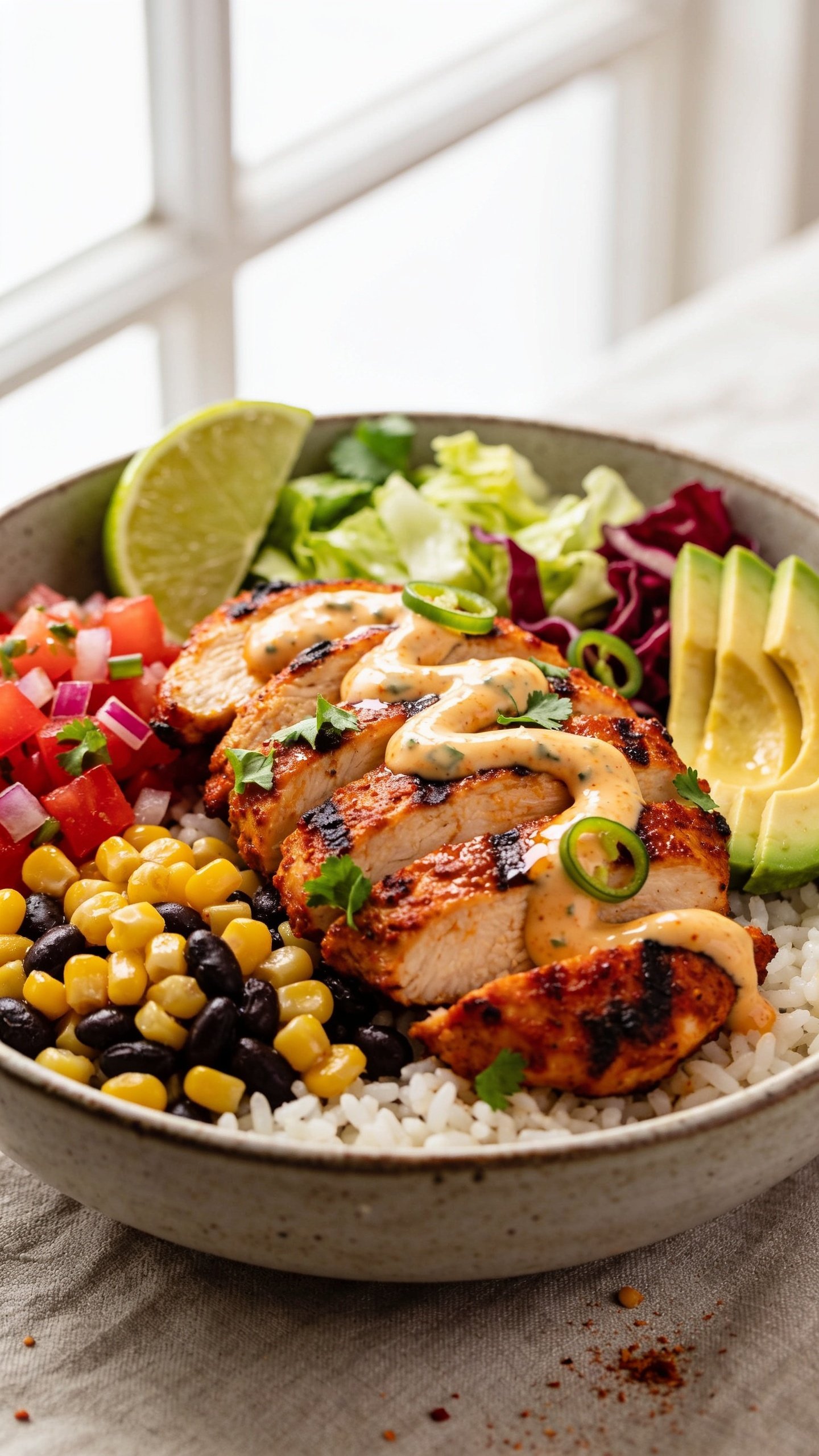 Ultra-close hero shot of a High Protein Cajun Chicken Bowl: sliced Cajun-spiced chicken breast with charred edges and visible grill marks, glistening with a light sheen; fluffy white rice base; roasted corn and black bean mix; crisp chopped romaine and red cabbage; thin avocado slices fanned on the side; diced tomato and red onion pico scattered; a creamy Greek-yogurt Cajun sauce dolloped and lightly swirled over the chicken; lime wedge tucked near the rim; sprinkled fresh cilantro and a few green onion rings; warm color palette with vibrant reds, greens, and golden corn; bright natural window light from the left, soft bounce on the right; shallow depth of field focusing on juicy chicken and glossy sauce; 90â95% frame filled with the bowl; rustic matte ceramic bowl on a neutral linen with subtle crumbs and spice dusting; premium food-blog styling, no text.