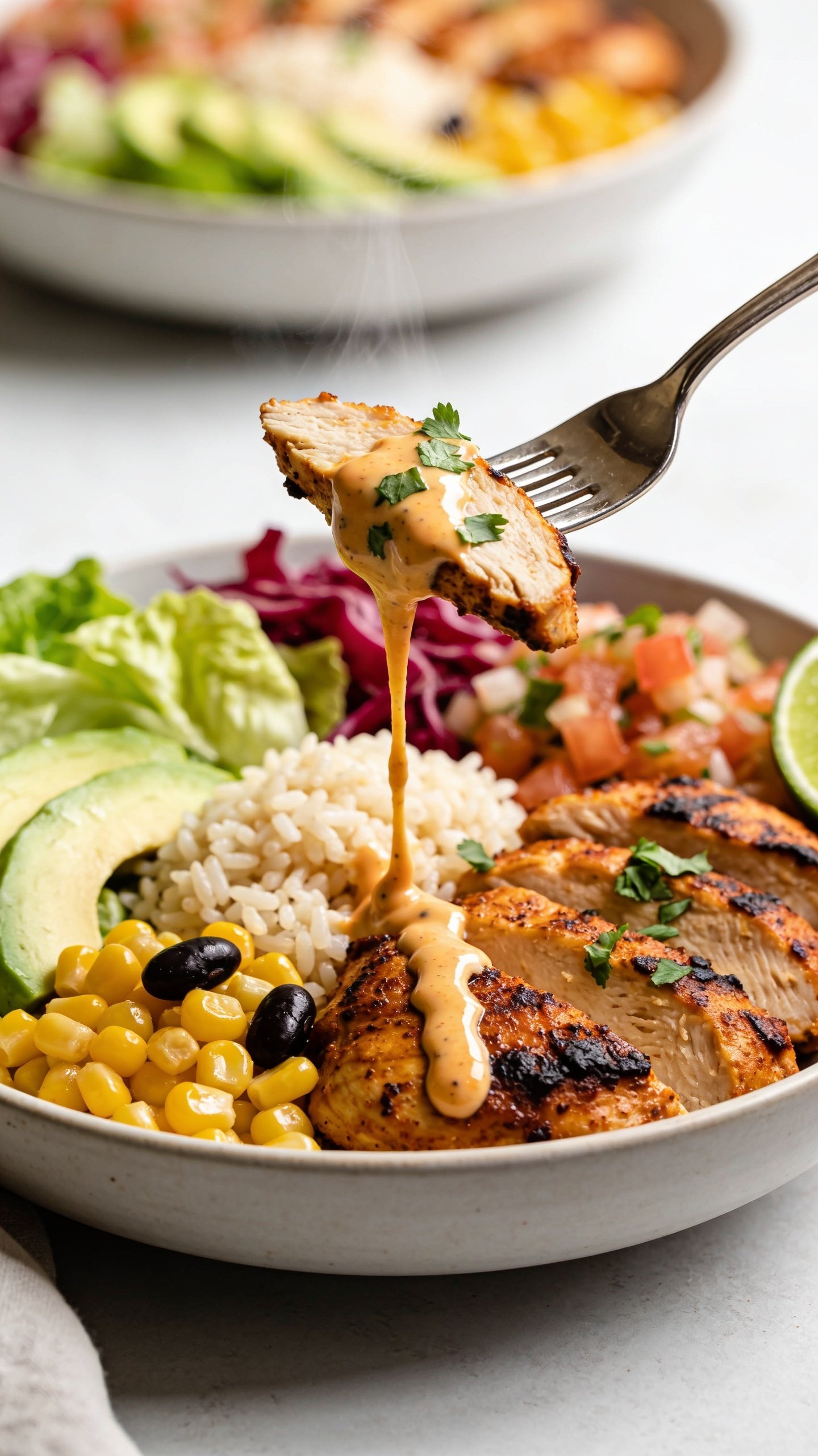 Dynamic bite moment of the same Cajun Chicken Bowl: a polished fork lifting the perfect bite directly above the bowlâone juicy slice of Cajun chicken with charred edge, a tuft of fluffy rice, a few kernels of roasted corn, a black bean, and a drizzle strand of creamy Greek-yogurt Cajun sauce stretching from the bowl to the bite; micro-chopped cilantro flecks clinging; faint visible steam rising; background shows the same plated bowl with avocado slices, romaine, red cabbage, pico, lime wedge slightly out of focus; bright natural lighting, shallow depth of field locking onto the lifted bite; action frozen one second before the bite reaches a mouth (no hands or people visible); 90â95% of frame filled with food and utensil; rich textures and glossy highlights.