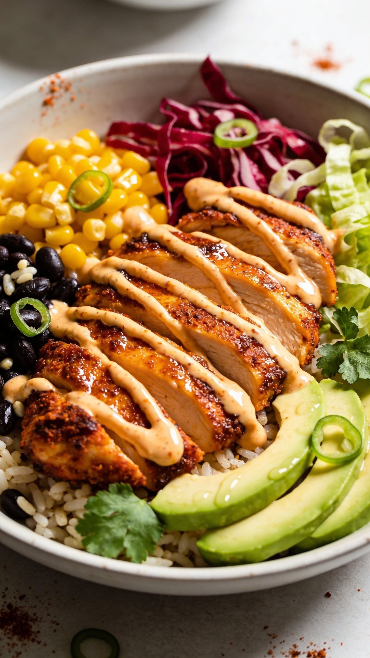 Extreme close-up angle from the side of the same finished bowl emphasizing textures: focus on the sliced Cajun chicken fanned over rice with vivid spice crust, glistening edges, and moist interior; creamy Greek-yogurt Cajun sauce zigzagged thinly over the chicken; crisp ribbons of red cabbage and romaine peeking behind; roasted corn and black beans clustered with a few grains of rice; avocado slices with clean edges and light sheen; fresh cilantro leaves and green onion rings freshly scattered, a few grains of Cajun spice dust visible on the rim; bright natural side light creating appetizing highlights, soft shadows; very shallow depth isolating the glossy chicken and sauce; 90â95% frame packed with the bowl; cohesive styling matching the first two images, no text.
