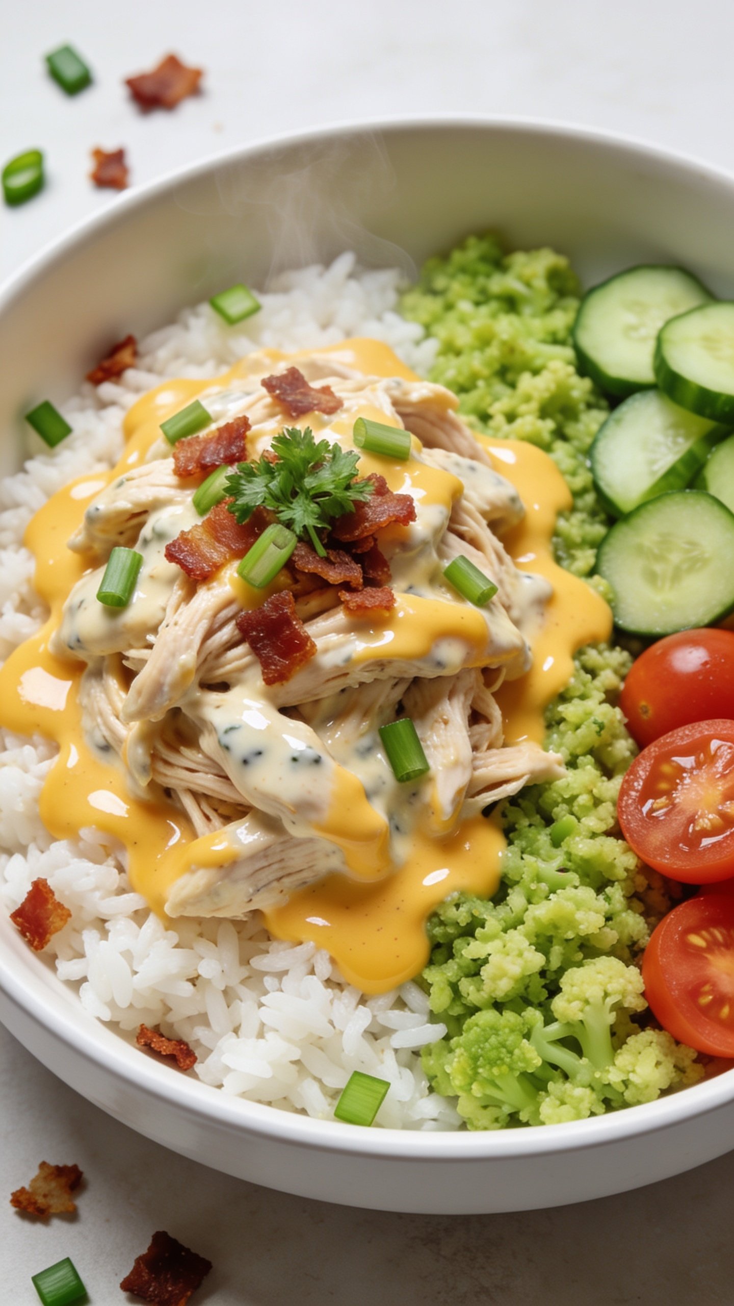 Ultra-close hero shot of a High Protein Crack Chicken Bowl: juicy shredded chicken tossed in a glossy creamy ranch-cheddar sauce, topped with melted cheddar puddling around the chicken, crisp bacon crumbles, sliced green onions, and a sprinkle of fresh parsley; served over a half-and-half base of fluffy white rice and bright green cauliflower rice with a side quadrant of crunchy cucumber and cherry tomato halves. Food fills 90â95% of frame in a matte white shallow bowl on a light neutral surface; bright natural side lighting, shallow depth of field, melted cheese sheen and steam subtly visible, premium food-blog styling with a few bacon crumbs and green onion slices artfully scattered on the rim, consistent look for all images.