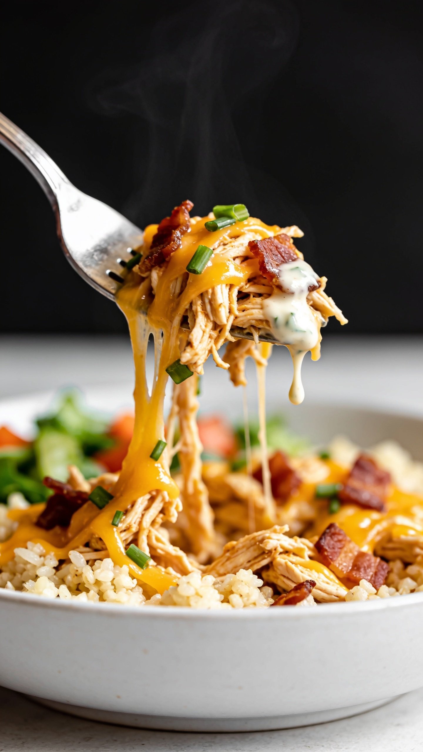 Dynamic action shot capturing the perfect bite: a stainless steel fork lifting a mouthwatering tangle of the same shredded crack chicken with strands of melted cheddar stretching back to the bowl, bits of crisp bacon and flecks of green onion clinging to the cheese; a little glossy ranchy sauce trailing from the forked bite; background shows the same bowl with rice/cauliflower rice base and fresh veggies blurred. No hands visible, only the fork and food; extreme close-up, 90â95% food, bright natural lighting, shallow depth of field, steam rising faintly, magazine-cover anticipation one second before the bite.