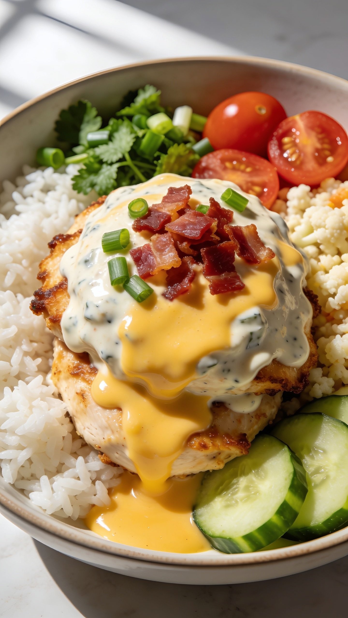 Tight overhead three-quarter close-up of the same finished bowl emphasizing textures: creamy ranch-cheddar coated chicken mounded center, thick melted cheddar pooling, bacon crumbles crisp and ruby-brown, bright green onions and parsley popped with freshness; fluffy white rice grains distinct beside vibrant cauliflower rice, with juicy halved cherry tomatoes and crisp cucumber slices adding color contrast. Food dominates 90â95% of frame, bright natural window light with soft shadows, shallow DOF focusing on glossy sauce and crispy edges, minimal props, same dishware and setup for a cohesive premium shoot.