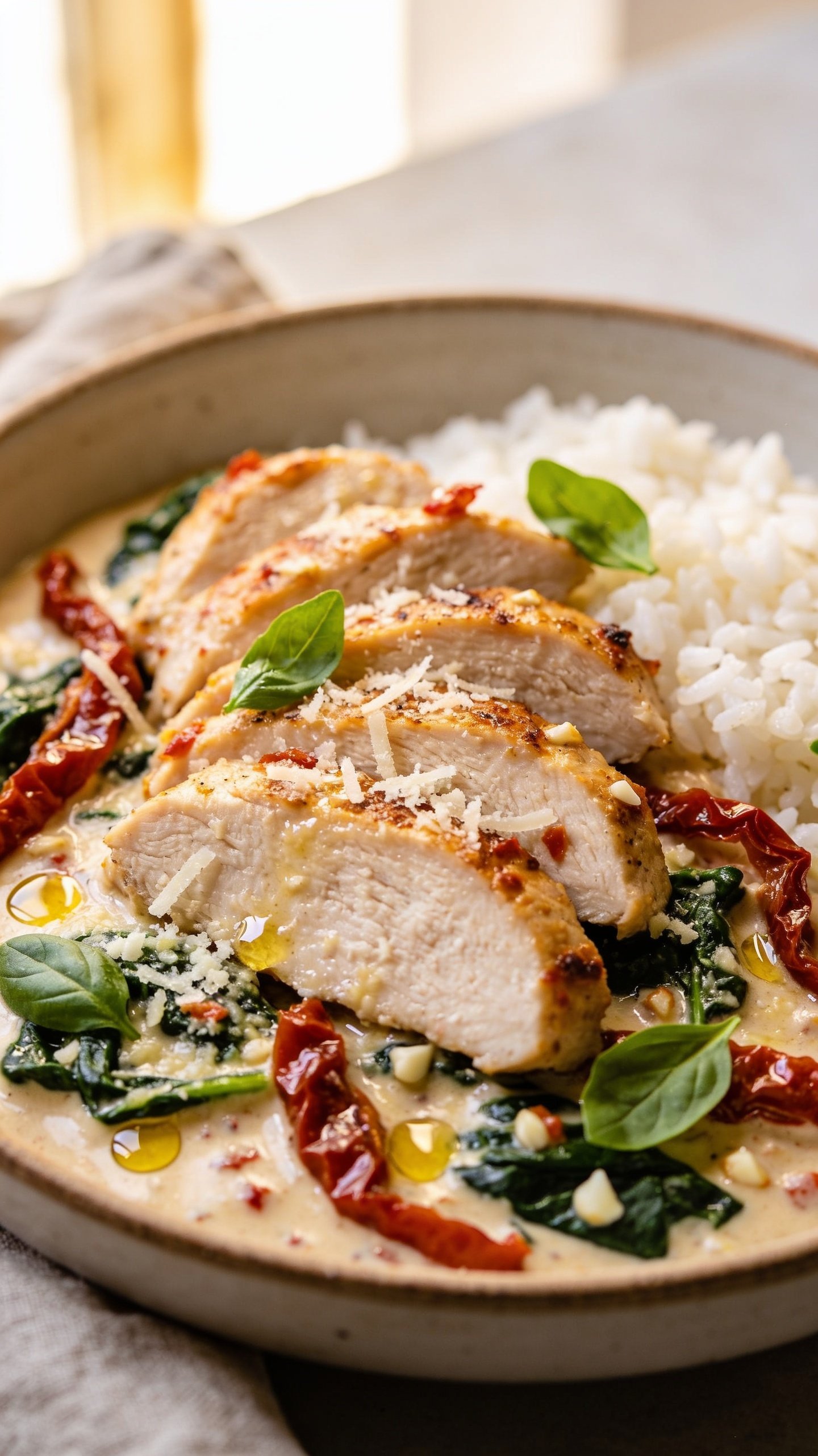 Ultra close-up hero of High Protein Marry Me Chicken Bowls: seared, sliced chicken breast fanned over fluffy white rice in a shallow ceramic bowl, drenched in glossy creamy garlic-sun-dried-tomato sauce with visible flecks of minced garlic; ribbons of oil-packed sun-dried tomatoes, wilted baby spinach, and a generous shower of freshly grated Parmesan melting into the sauce; torn fresh basil leaves scattered on top; tiny beads of olive oil shine on the surface; warm golden highlights and bright natural window light from the left; shallow depth of field with the front slice of chicken tack-sharp and background softly blurred; no hands, no text, 90â95% frame filled with food; premium food-blog styling with a soft linen napkin edge barely visible at the rim.