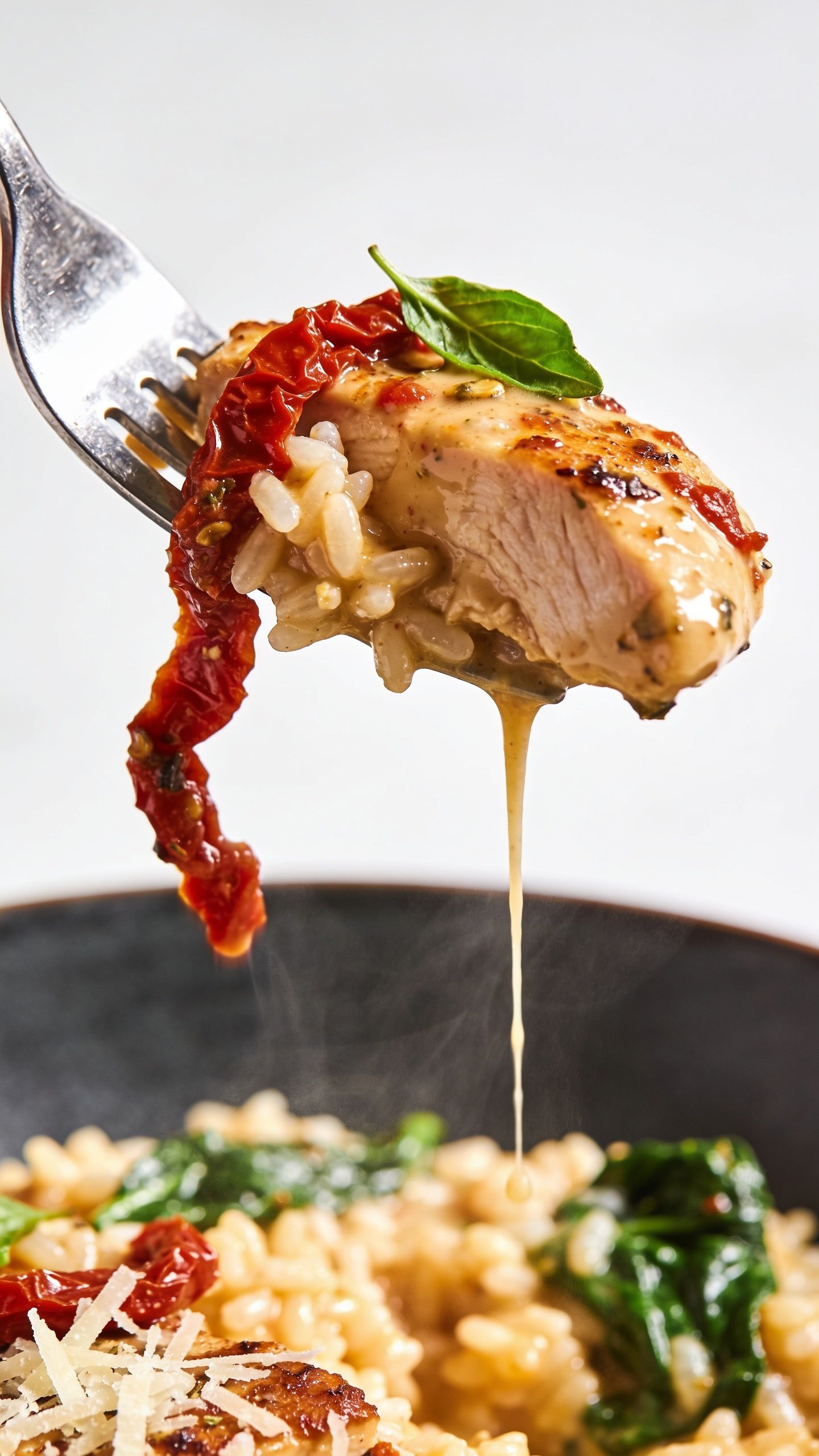 Dynamic bite moment: a shiny dinner fork lifting the perfect bite from the same bowlâone juicy slice of seared chicken coated in the creamy garlic-sun-dried-tomato sauce, a few grains of rice clinging to it, a strand of sun-dried tomato draped over the edge, and a small basil leaf stuck to the glossy surface; a thin ribbon of sauce slowly stretching and dripping back into the bowl below; steam subtly rising; bright natural side light, ultra shallow depth of field focusing on the lifted bite, the bowl blurred but clearly showing rice, spinach, and Parmesan underneath; 90â95% frame filled with food and utensil only, no hands, premium magazine cover energy.