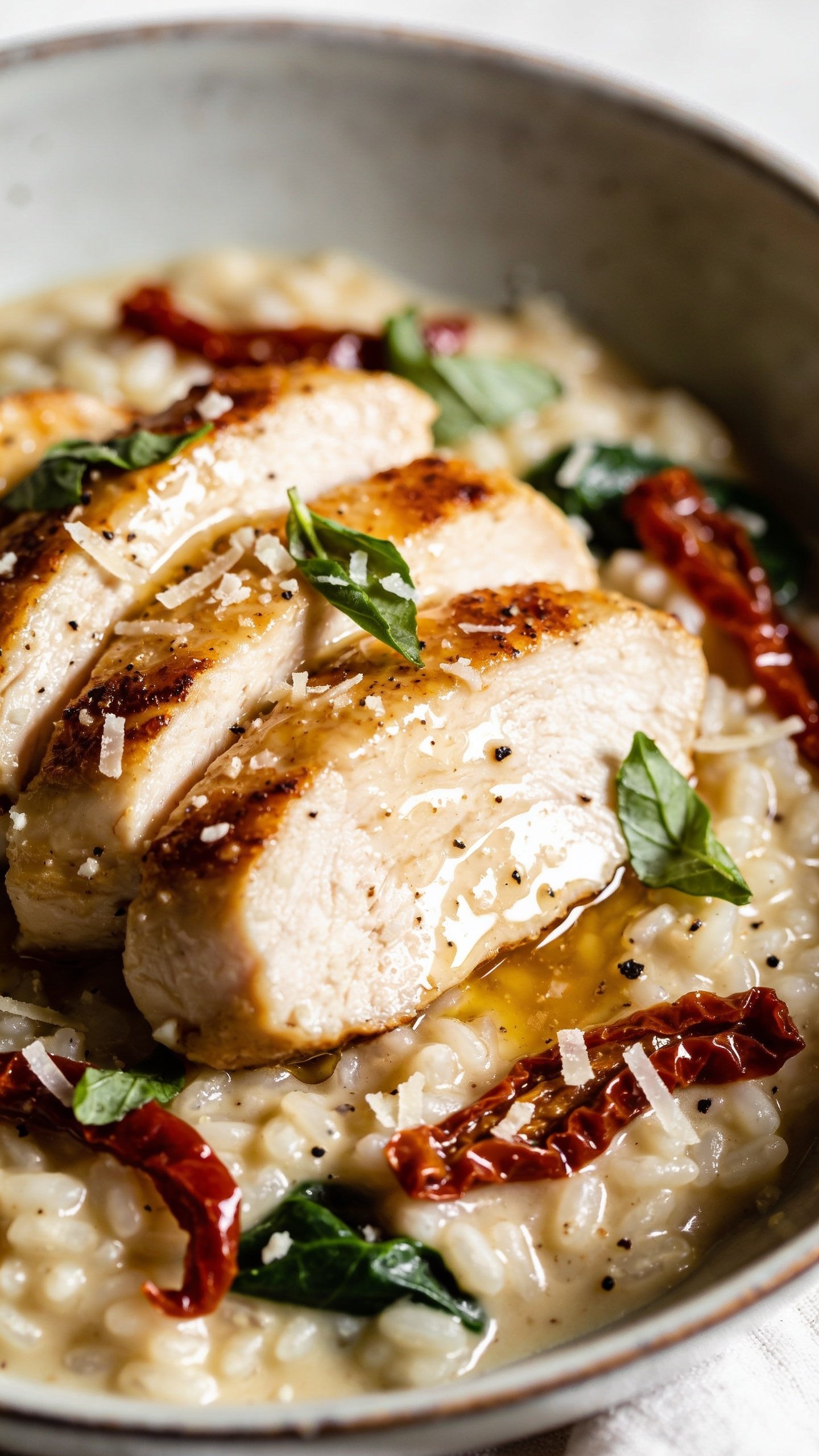 Extreme close-up angled overhead of the same finished bowl emphasizing textures: golden seared edges on chicken slices, creamy sauce pooling between rice grains, sun-dried tomato ribbons glistening, micro-shavings of Parmesan melting in tiny white specks, torn basil and a light crack of black pepper scattered across; a few spinach leaves peeking through the sauce; bright natural lighting with soft shadows enhancing gloss; shallow depth of field with focus on the center chicken slice and sauce sheen; 90â95% frame filled with the bowl, cohesive with the previous images, elegant ceramic bowl and minimal prop edges only.