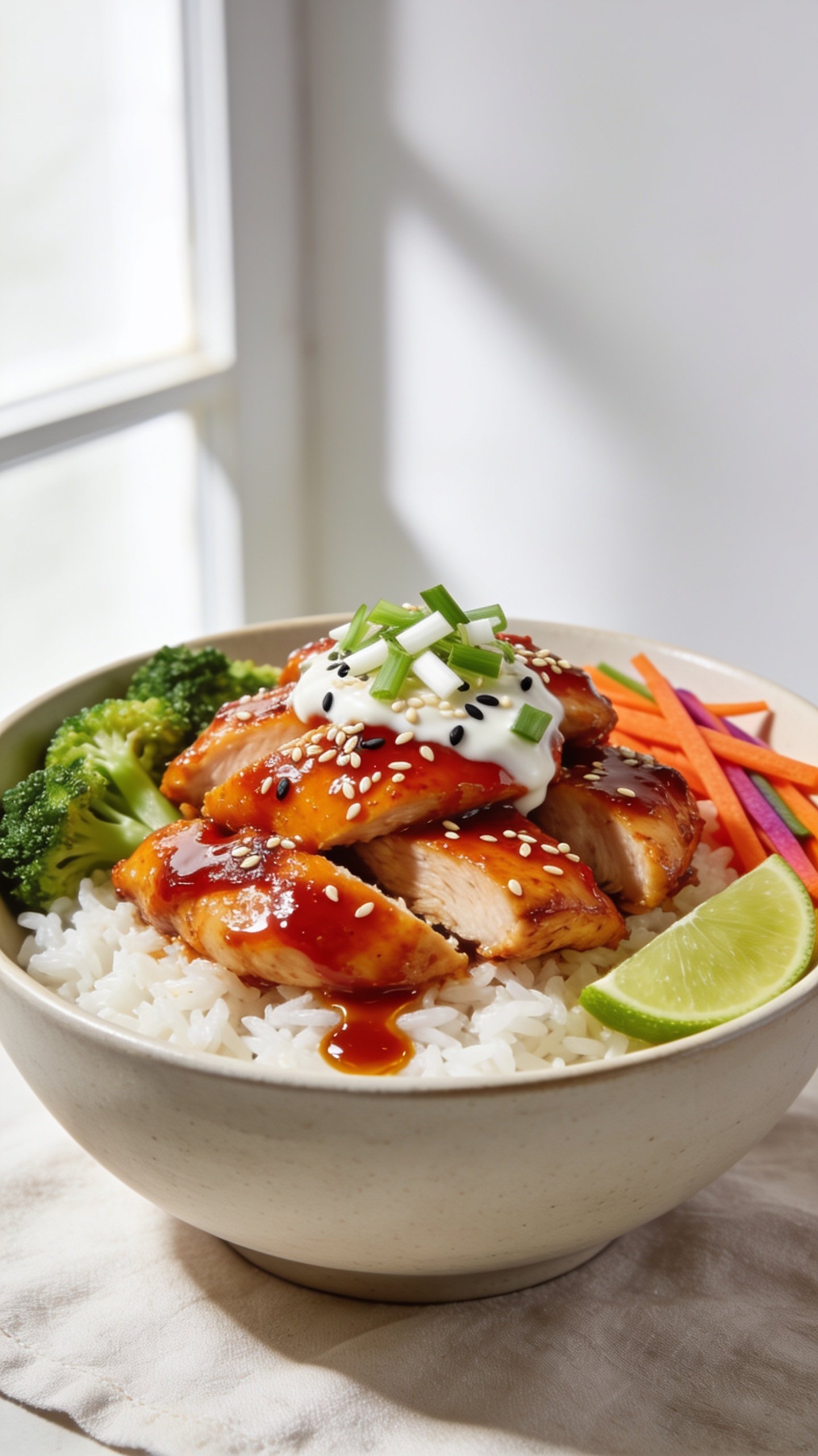 Ultra-close hero shot of a High Protein Sriracha Honey Chicken Bowl: glossy sriracha-honey glazed chicken thighs sliced into bite-size pieces, piled over fluffy white jasmine rice, with crisp-tender steamed broccoli and thinly sliced rainbow carrots on the side; sauce is a sticky, lacquered red-orange with visible sesame seeds and a silky sheen from yogurt; garnished with finely sliced green onions, white and black sesame seeds, and a fresh lime wedge; a light drizzle of extra glaze pooling slightly on the rice; bright natural window light from the left, soft shadows, shallow depth of field focusing on the chicken’s glossy texture; 90–95% frame filled with the bowl, minimal prop styling (neutral ceramic bowl on a pale linen), premium food-blog aesthetic.