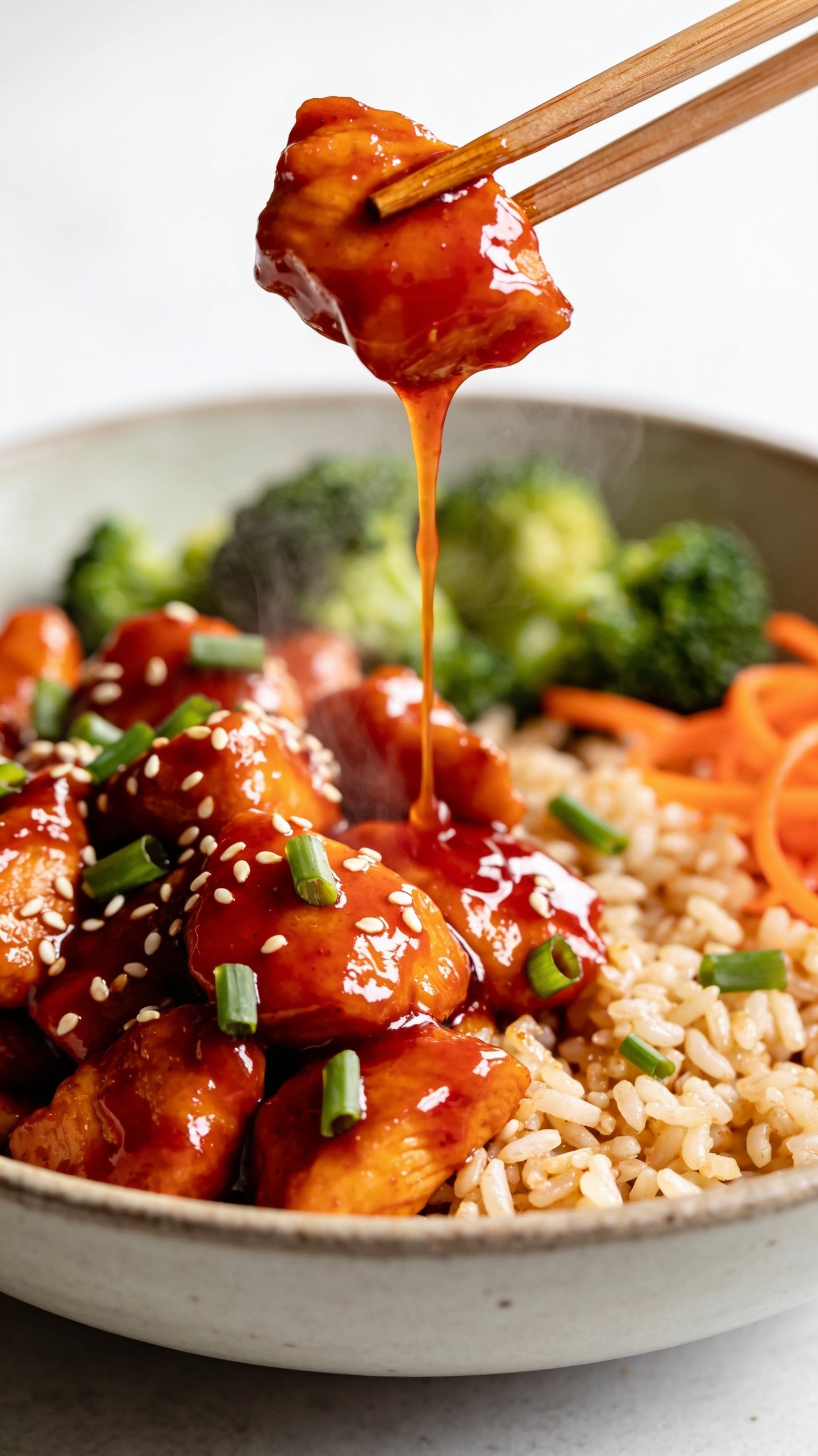 Dynamic action close-up capturing the irresistible bite: wooden chopsticks lifting the perfect bite from the same bowl—one glossy chunk of sriracha-honey chicken with a few rice grains clinging, a sliver of green onion, and a sesame seed or two; a slow ribbon of extra glaze drips from the lifted chicken back toward the bowl, frozen mid-fall; background shows the rest of the bowl with broccoli florets and carrot ribbons slightly blurred; bright natural lighting, shallow depth of field with focus on the lifted bite and dripping glaze; vibrant red-orange sauce, glistening surface, steam subtly visible; 90–95% frame filled with food, no hands or people.