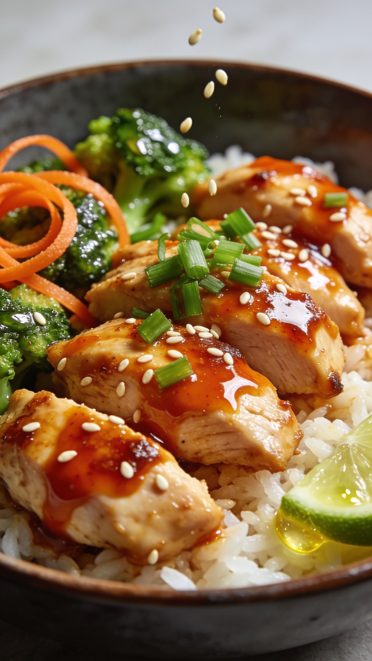 Macro close-up from a low 3/4 angle emphasizing textures: the same finished bowl tightly framed—juicy chicken pieces nestled over rice with glossy sriracha-honey yogurt glaze clinging to every edge, tiny sesame seeds dotted across, micro-beads of sauce catching light; crisp broccoli with visible moisture, thin carrot ribbons curled; fresh green onion sprinkled on top, plus a few sesame seeds mid-air as if just sprinkled; a wedge of lime slightly squeezed with a hint of juice shine on nearby rice; bright natural light, shallow depth of field isolating the front chicken pieces, 90–95% frame filled, cohesive styling matching images 1 and