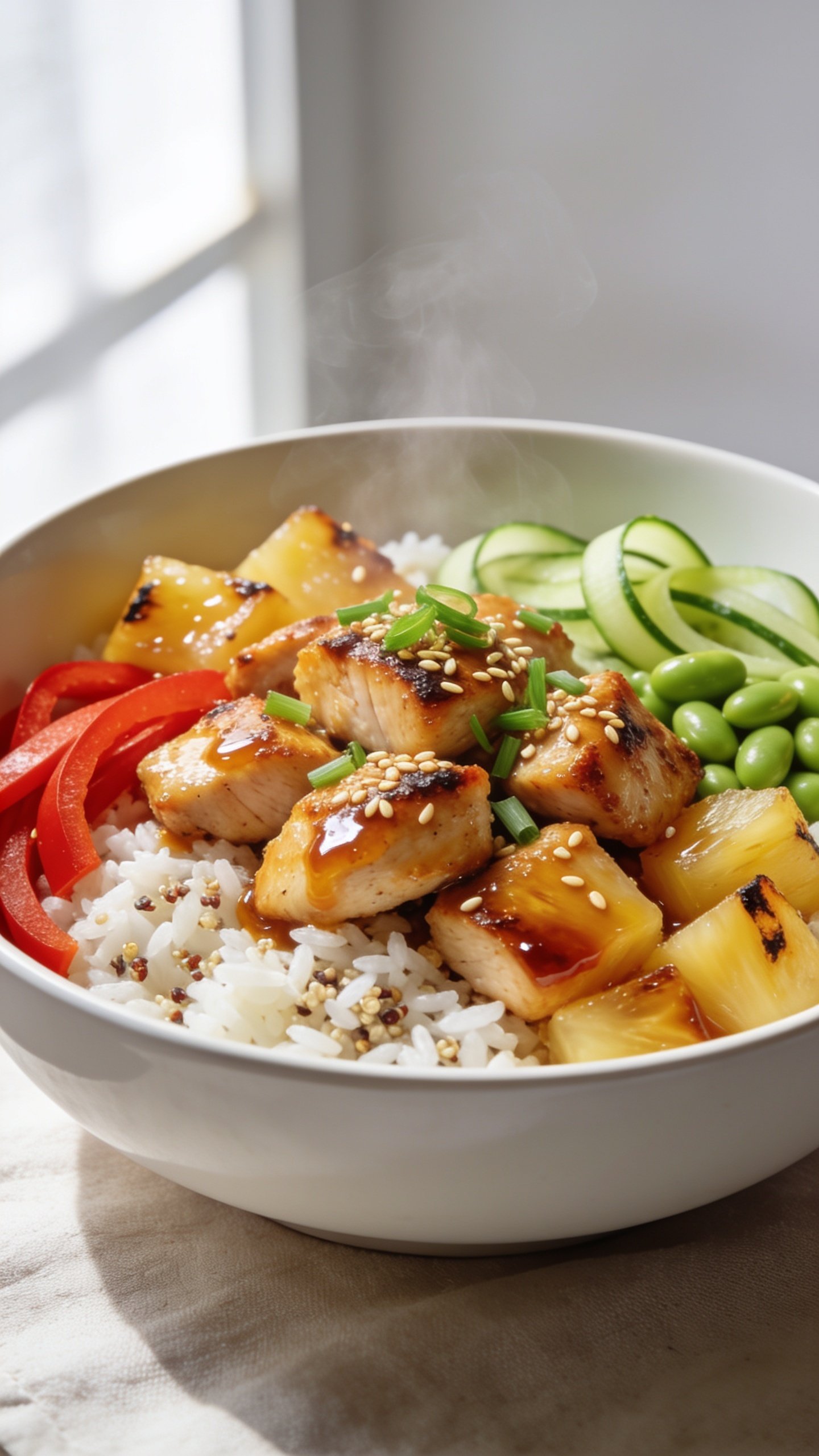 Ultra-close, hero shot of High Protein Pineapple Chicken Bowl: glossy, bite-sized garlic chicken breast pieces seared golden with caramelized edges, nestled over fluffy white jasmine rice with scattered quinoa, chunks of deeply caramelized pineapple with light char marks, bright green edamame, thinly sliced red bell pepper, and crisp cucumber ribbons; finished with a shiny tangy-sweet pineapple glaze, a sprinkle of toasted sesame seeds, and finely sliced green onions. Compose in a matte white shallow bowl that fills 90â95% of the frame, bright natural window light from the left, soft shadows, shallow depth of field, and a clean neutral backdrop with subtle linen texture. Emphasize juicy textures, glossy sauce, steam gently rising, and vibrant tropical colors that pop.