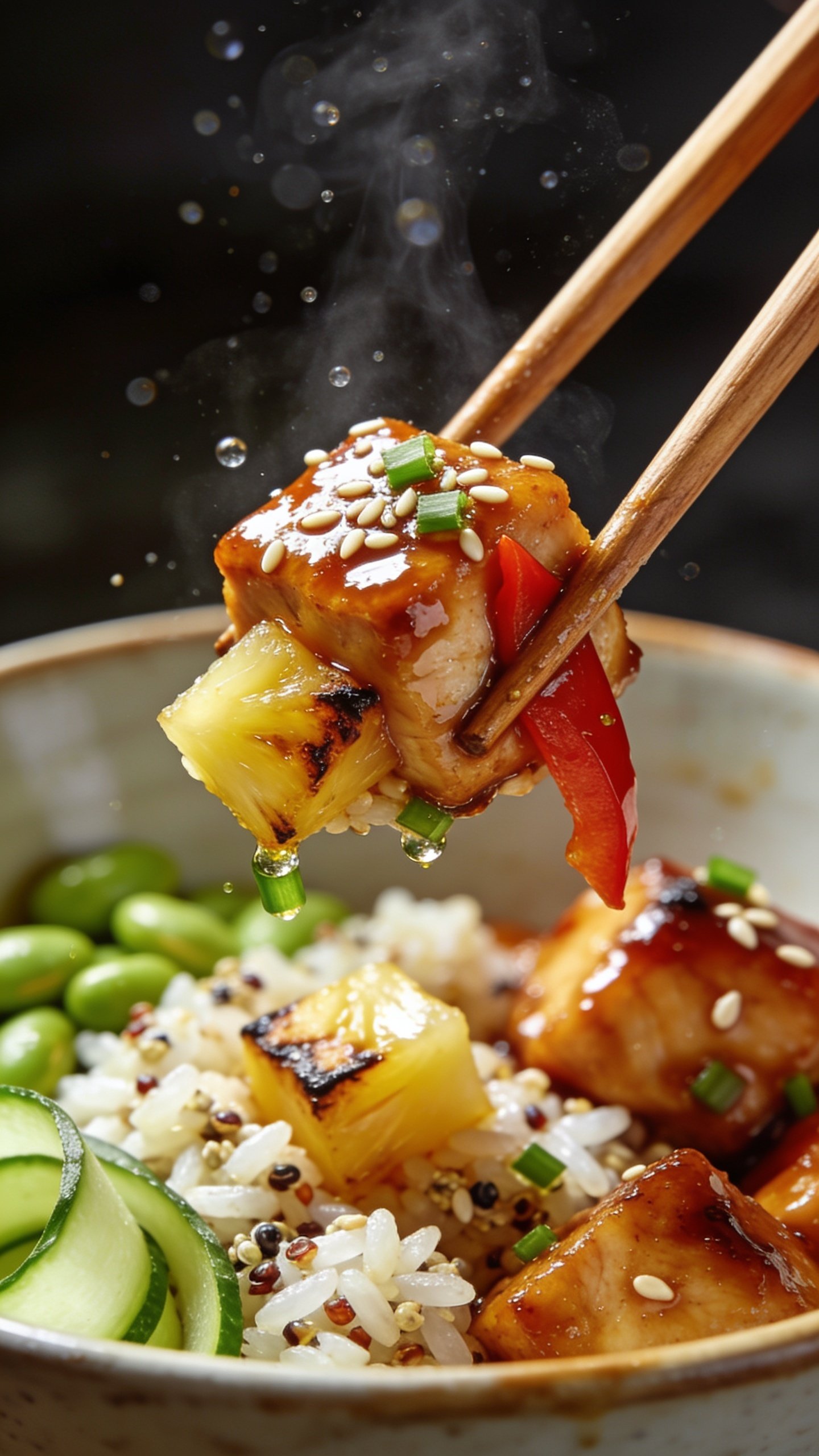 Dynamic action bite: wooden chopsticks lifting the perfect bite from the same bowlâone glossy pineapple-glazed chicken cube, a charred pineapple chunk, a few grains of jasmine rice with quinoa, and a sliver of red bell pepper, all glistening with sauce; micro-beads of steam rising, sesame seeds and minced green onion clinging to the bite. Background shows the remaining bowl components slightly blurred (edamame, cucumber ribbons, more glazed chicken). Freeze the moment one second before the bite reaches the mouth. No hands visible, only chopsticks; extreme close-up, 90â95% food in frame, bright natural light, shallow depth of field, rich textures, high-contrast highlights on the glaze.