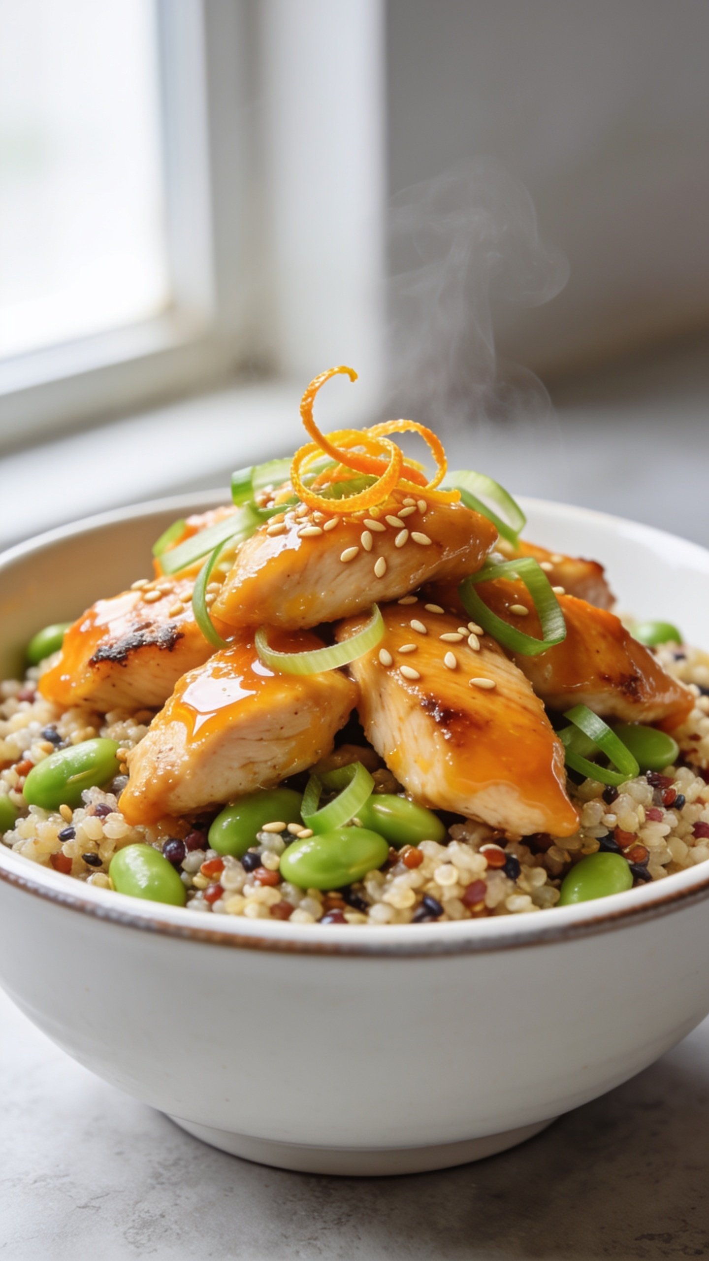 Extreme close-up hero shot of a high-protein orange chicken bowl: glossy, sticky-sweet orange-ginger chicken breast pieces with lightly crisped edges, tossed in a bright citrus glaze, piled over fluffy tri-color quinoa with vibrant green edamame, thinly sliced fresh scallions, and a sprinkle of toasted sesame seeds; a few delicate curls of orange zest on top for pop. Bowl is white ceramic with a subtle rim, set on a lightly textured pale gray surface. Bright natural window light from the left, shallow depth of field with the front chicken pieces tack-sharp and background softly blurred. Sauce sheen glows, steam subtly rising, colors vibrant and fresh. Food fills 90â95% of frame, premium food-blog styling, no text, no hands.