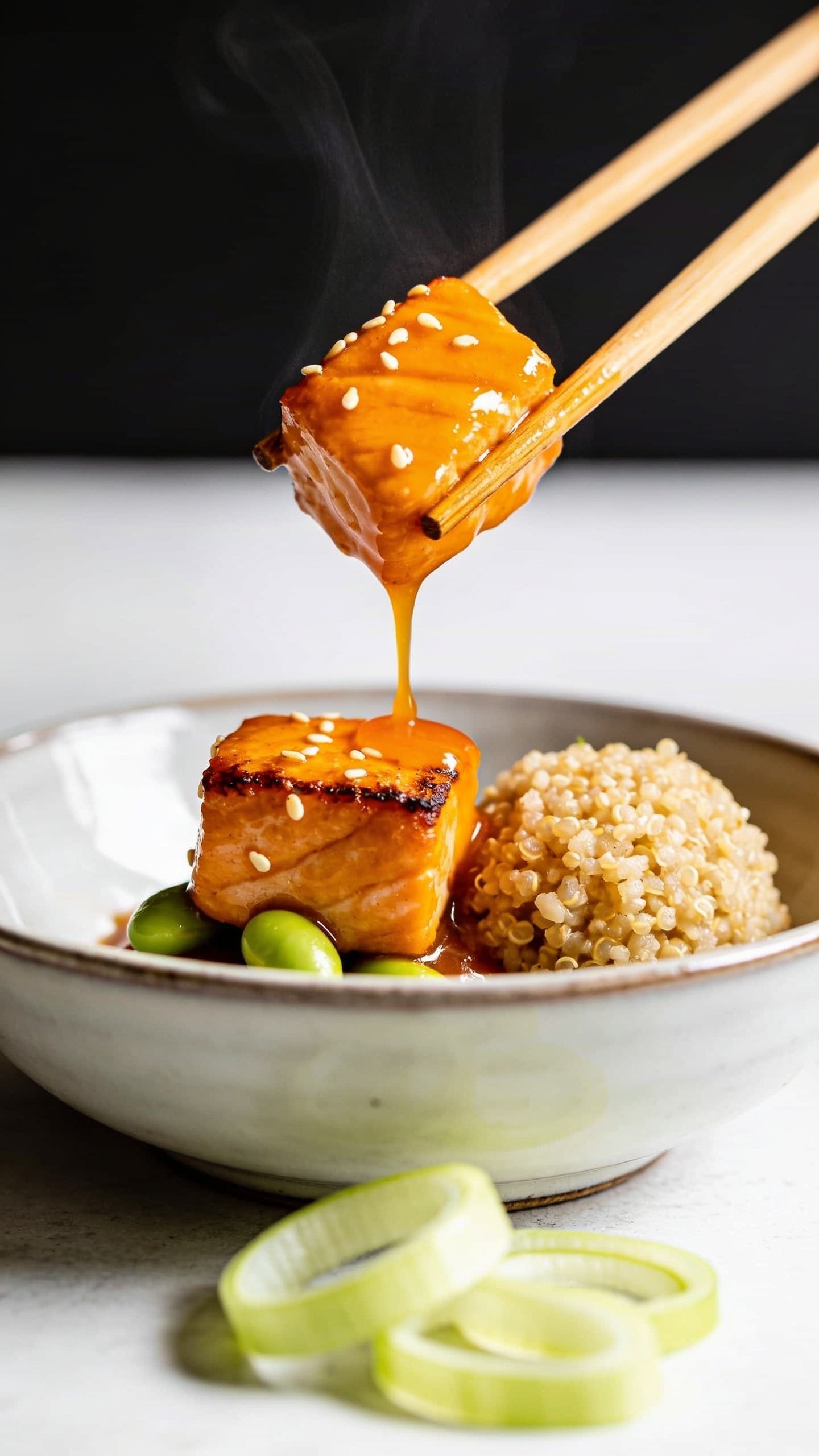 Dynamic action close-up: wooden chopsticks lifting the perfect bite of glossy orange chicken from the same bowl, one saucy cube with a crisped edge, a tender quinoa cluster and a couple edamame clinging beneath, tiny sesame seeds dotting the glaze; thin stream of orange-ginger sauce slowly dripping back into the bowl, a few fresh scallion rings in soft focus below. Bright natural light, ultra shallow depth of field isolating the lifted bite, steam faintly visible, rich textures and vibrant citrus-orange hues. Food fills 90â95% of frame, no hands or people visibleâonly chopsticks and food.