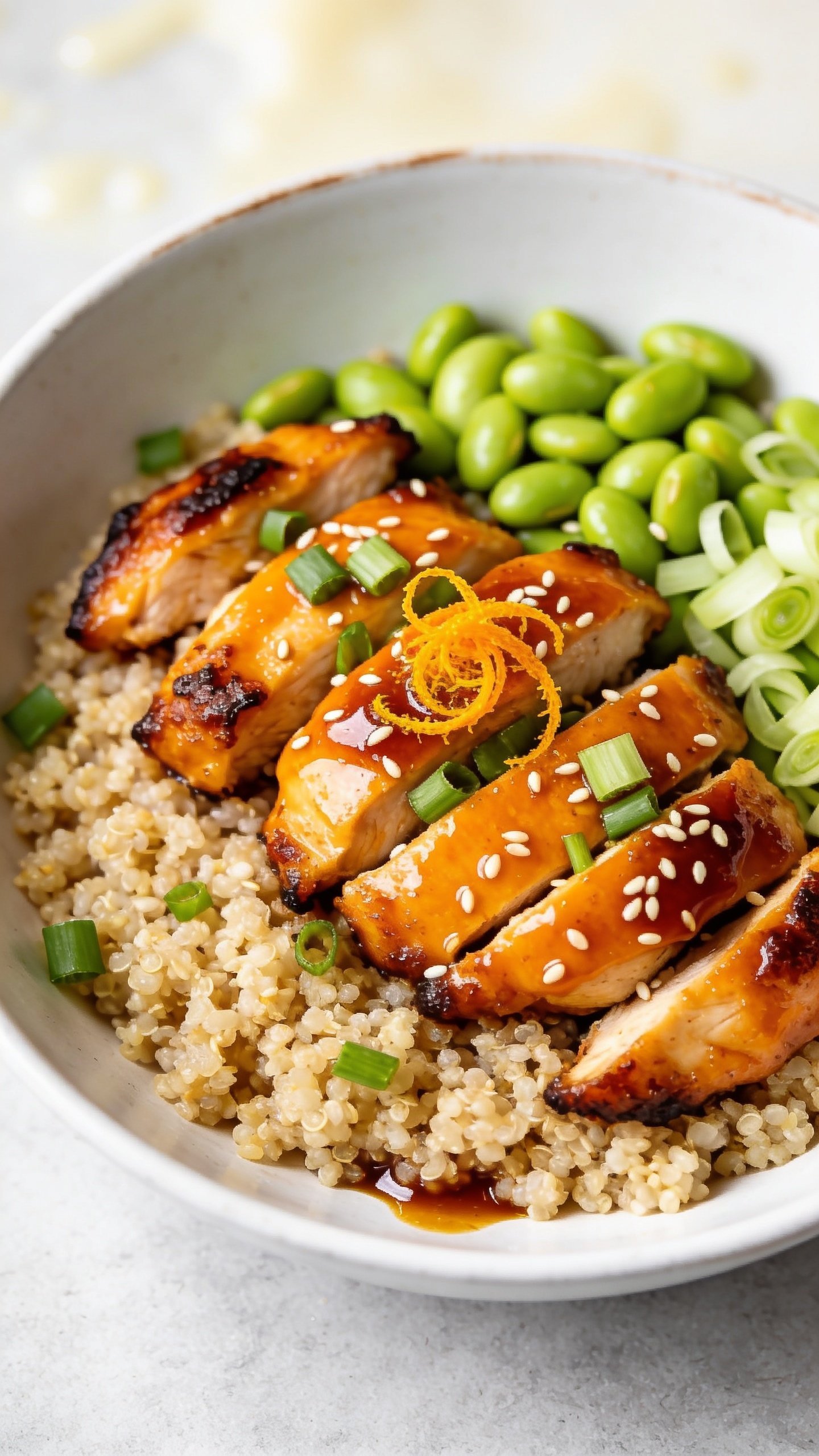Intimate overhead-angled macro of the same finished bowl: tight composition emphasizing juicy chicken coated in a lacquered orange glaze, crispy caramelized edges, quinoa grains distinct and fluffy, edamame bright and plump, scallions freshly sliced, sesame seeds scattered, with a small twist of orange zest centered on top. Slight glisten of sauce pooling at the base for depth. Bright natural light, shallow depth of field with a creamy falloff toward the rim of the white bowl on a pale gray surface. Food dominates 90â95% of frame, cohesive styling with the first two images.