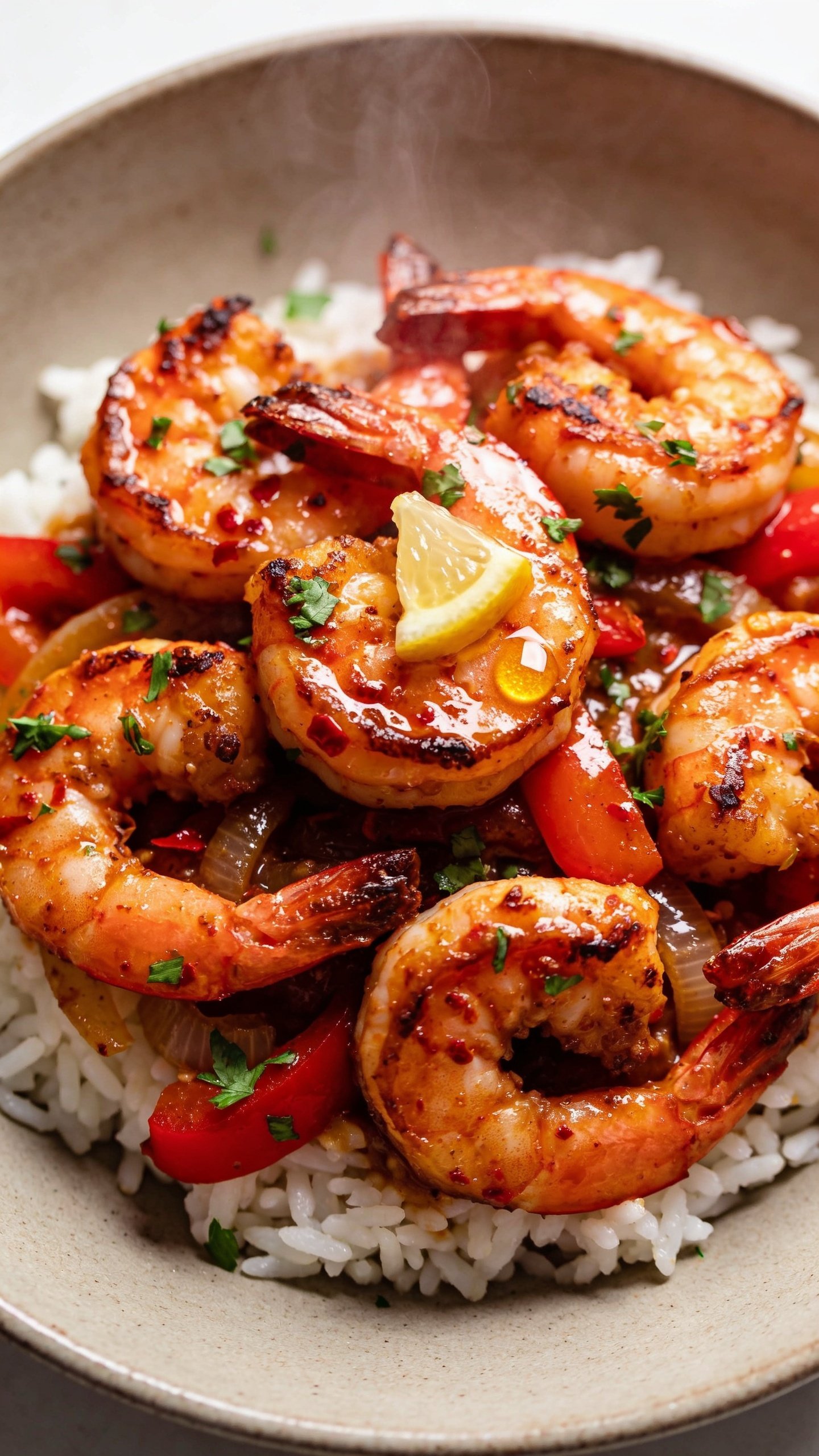Ultra-close hero shot of High Protein Cajun Shrimp: plump, tail-on shrimp seared to a deep golden-char with slightly crisp edges, glistening in a glossy Cajun butter sauce with visible chili flecks and paprika sheen; nestled over a minimal bed of fluffy white rice with a few sautĂŠed bell pepper and onion slivers peeking through; sprinkled with finely chopped fresh parsley and a squeeze of fresh lemon evident from tiny citrus droplets on the shrimp; bright natural side lighting, shallow depth of field, 90â95% of frame filled with the shrimp, vibrant reds and oranges against a neutral matte ceramic plate, subtle steam rising, premium food-blog styling