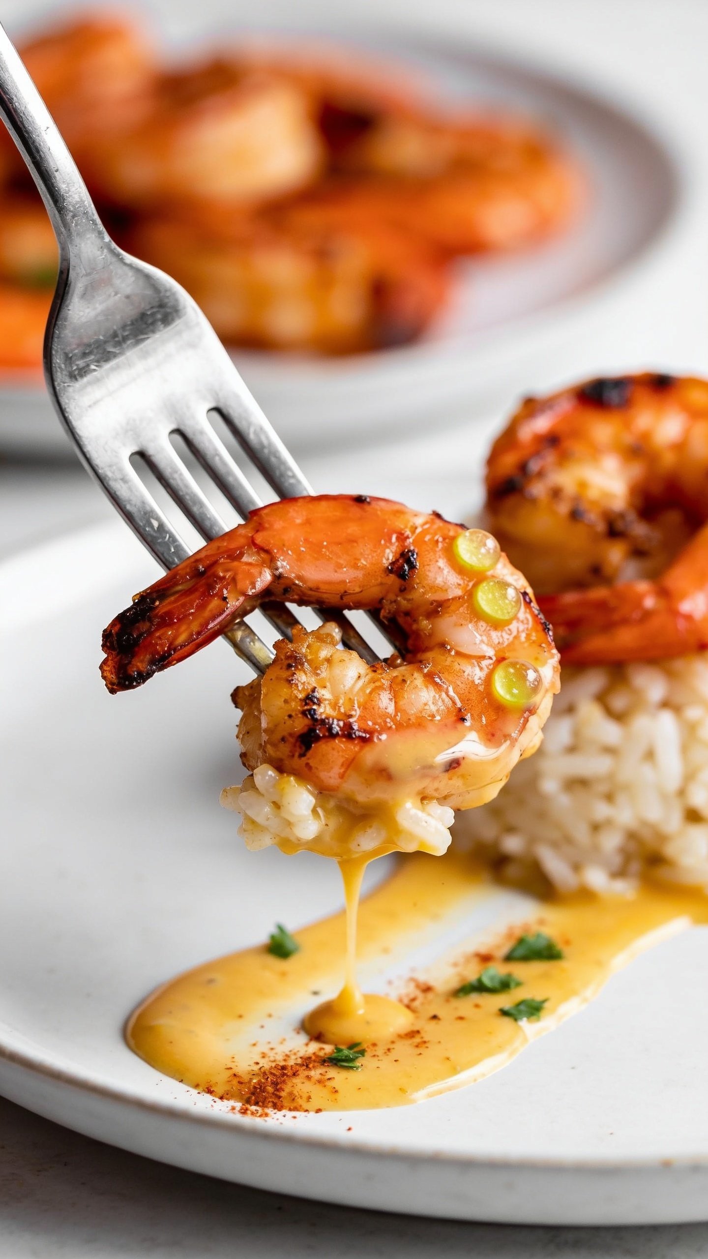 Action close-up capturing the irresistible bite: a polished fork lifting a perfect bite of the finished Cajun shrimp (one plump, charred, tail-on shrimp with a small mound of rice clinging beneath), Cajun butter sauce visibly dripping in a slow, glossy ribbon back onto the plate below; micro-beads of lemon on the shrimpâs surface, a few flecks of parsley and paprika on the sauce trail; background softly blurred with more shrimp on the plate, bright natural lighting, shallow depth of field, 90â95% of the frame filled with the food and forked bite, movement frozen one second before the bite reaches the mouth