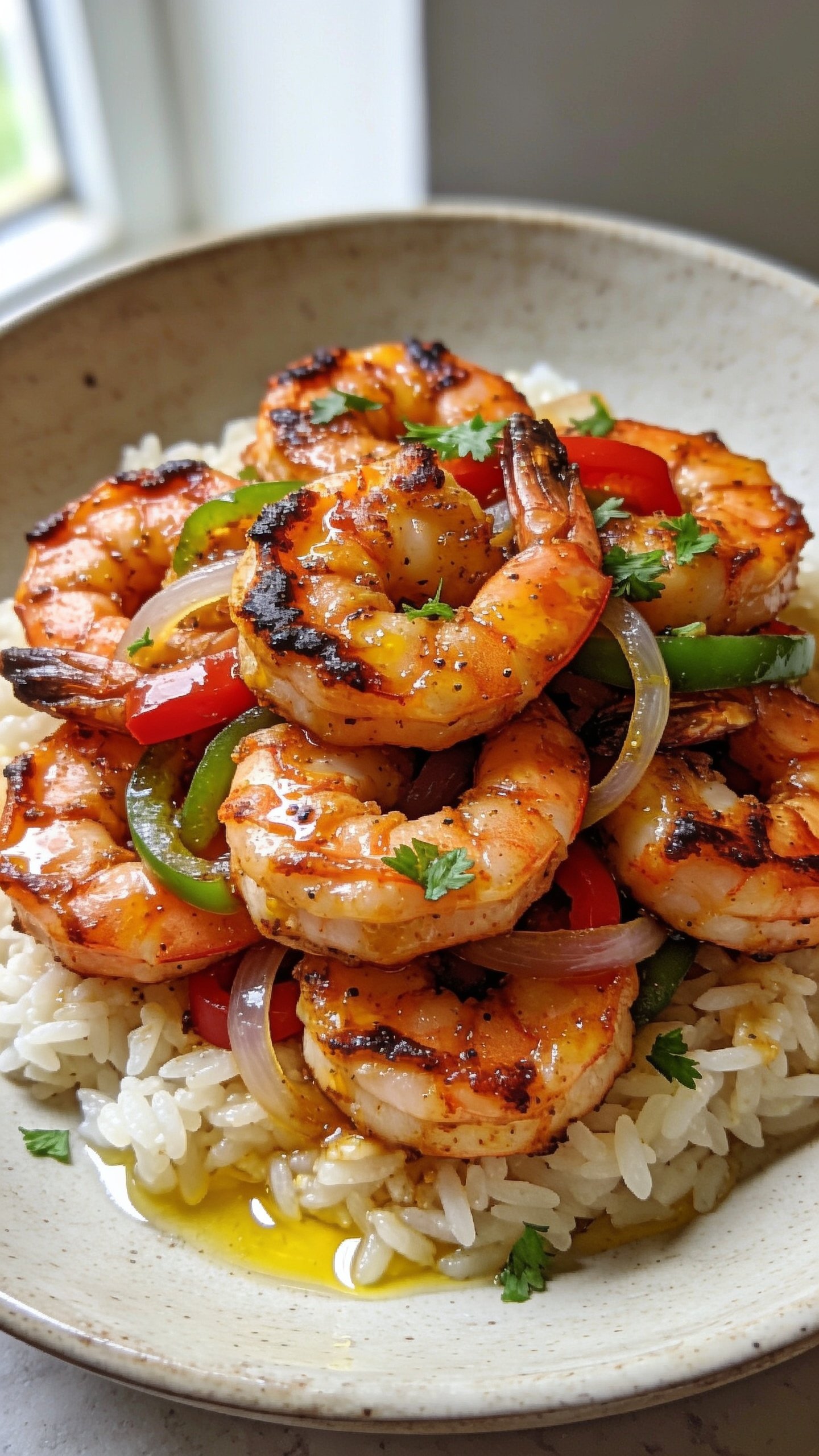 Extreme close-up angle from slightly above: a tight cluster of the same seared Cajun shrimp on rice, surfaces lacquered with spicy butter, crisp caramelized edges and peppery crust visible; thin strands of sautĂŠed red and green bell pepper and translucent onion tucked among the shrimp; a light scatter of fresh parsley and a glint of lemon oil on the sauce; shallow depth of field highlighting juicy textures and char, bright natural window light, neutral ceramic plate, 90â95% of the frame filled with the shrimp for a rich, irresistible, cohesive look with the other images