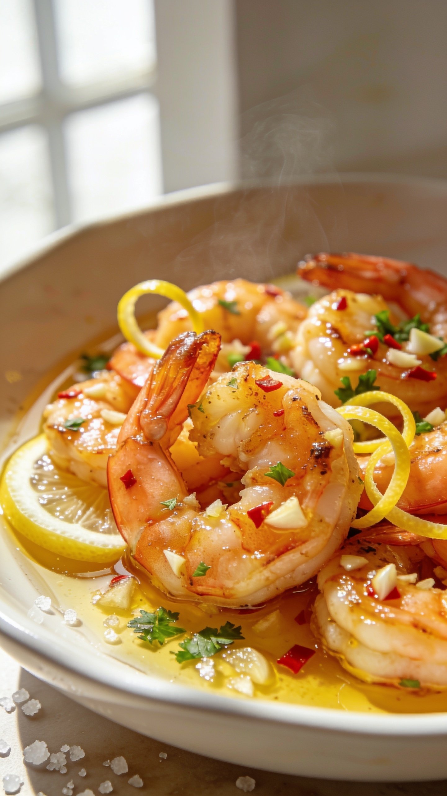 Ultra-close-up hero shot of high protein garlic butter shrimp: plump, golden-seared shrimp curled and glazed in glossy garlic butter, speckled with finely minced garlic, red chili flakes, and fresh chopped parsley; thin lemon slices and a few lemon zest curls tucked around the shrimp; a shallow pool of shimmering butter sauce collecting at the bottom of a warm white ceramic shallow bowl; a few coarse sea salt crystals visible; bright natural window light from the left, soft shadows, shallow depth of field with the front shrimp in tack-sharp focus; vibrant colors, rich textures, steam faintly rising; 90â95% of the frame filled with the shrimp and sauce, premium food-blog styling.