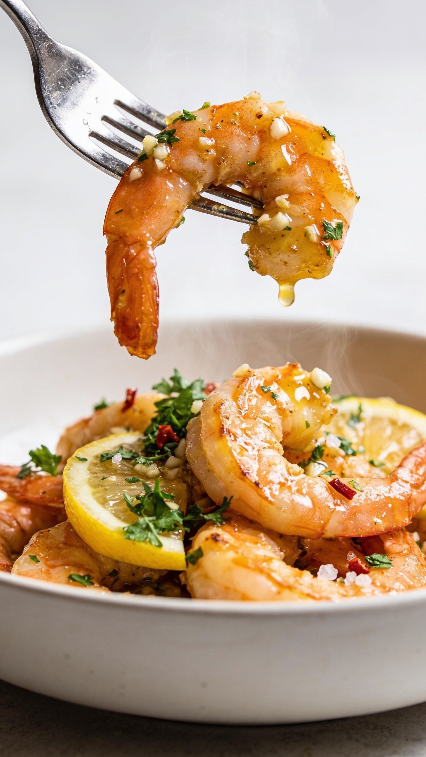 Dynamic action close-up: a polished fork lifting the perfect biteâone plump, golden-seared shrimp dripping with glossy garlic butterâtiny garlic bits and parsley clinging to the curve, a micro-bead of butter hanging at the tail; below, the matching white shallow bowl piled with the same garlic butter shrimp, lemon slices, and fresh parsley; a few red chili flakes and sea salt crystals visible; bright natural lighting, shallow depth of field with the lifted shrimp in crisp focus and the bowl softly blurred; steam subtly rising, movement frozen one second before the bite; 90â95% frame filled by the shrimp and utensil, no hands or people.