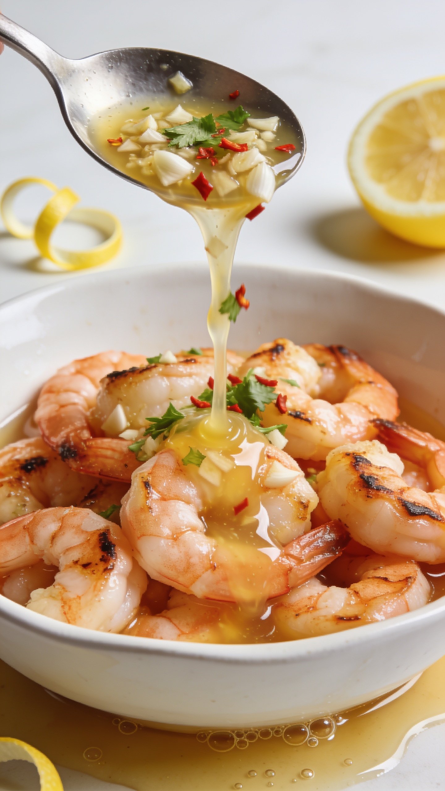 Tight macro angle from 45 degrees: the same garlic butter shrimp nestled in the same white shallow bowl, shrimp edges lightly caramelized with sear marks; a slow ribbon of melted garlic butter being spoon-drizzled over the top from just out of frame, captured mid-pour; minced garlic, parsley, and red chili flakes suspended in the glossy stream; lemon slices and a few zest curls brightening the scene; pool of sauce gleaming at the base with tiny bubbles; bright natural light, shallow depth of field, rich, savory sheen; 90â95% frame filled with shrimp and sauce, cohesive with the other images.