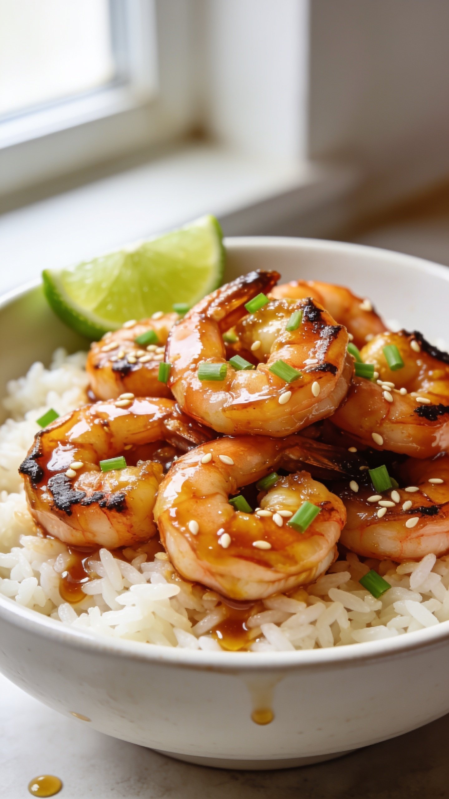 Ultra close-up hero shot of glossy honey garlic shrimp piled in a shallow white ceramic bowl over a bed of fluffy jasmine rice, shrimp curled and lacquered with a sticky amber-brown honey garlic glaze, lightly charred edges, sesame seeds and finely sliced green onions scattered on top, a wedge of lime tucked at the rim, tiny droplets of sauce pooling on the rice, bright natural window light from the left, shallow depth of field with the front shrimp in razor focus and background softly blurred, vibrant warm tones, premium food-blog styling, 90â95% of frame filled with the dish, no text, no hands.