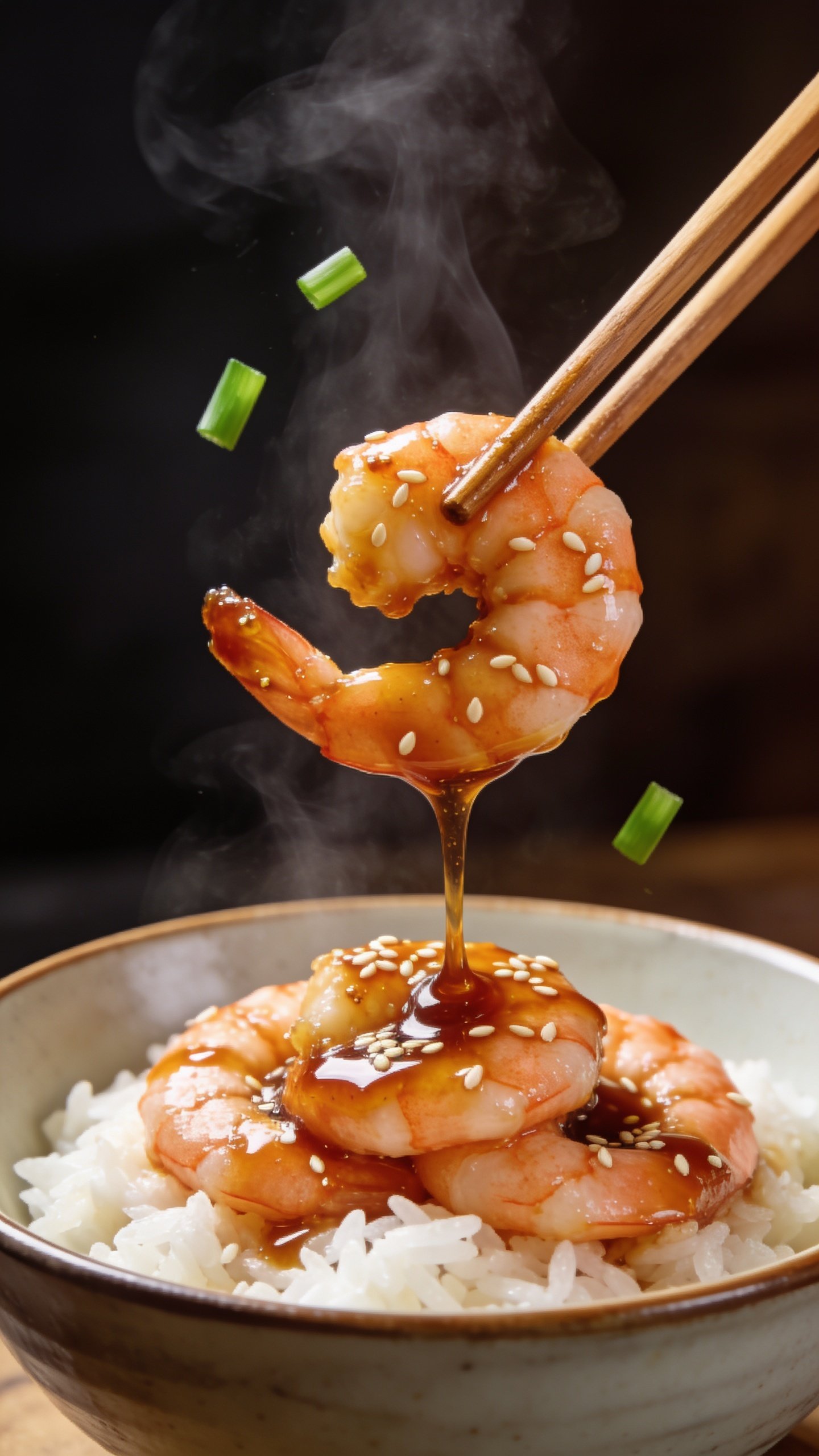 Dynamic action close-up: wooden chopsticks lifting a single perfect honey garlic shrimp from the same bowl of shrimp over jasmine rice, thick glossy glaze trailing in a slow drip from the shrimp back toward the bowl, sesame seeds clinging to the sauce, wisps of steam rising, a few green onion slices mid-fall through the frame, bright natural lighting, shallow depth of field isolating the lifted bite, warm amber highlights on the glaze, 90â95% of frame filled with food, no hands or faces, same styling and bowl as image