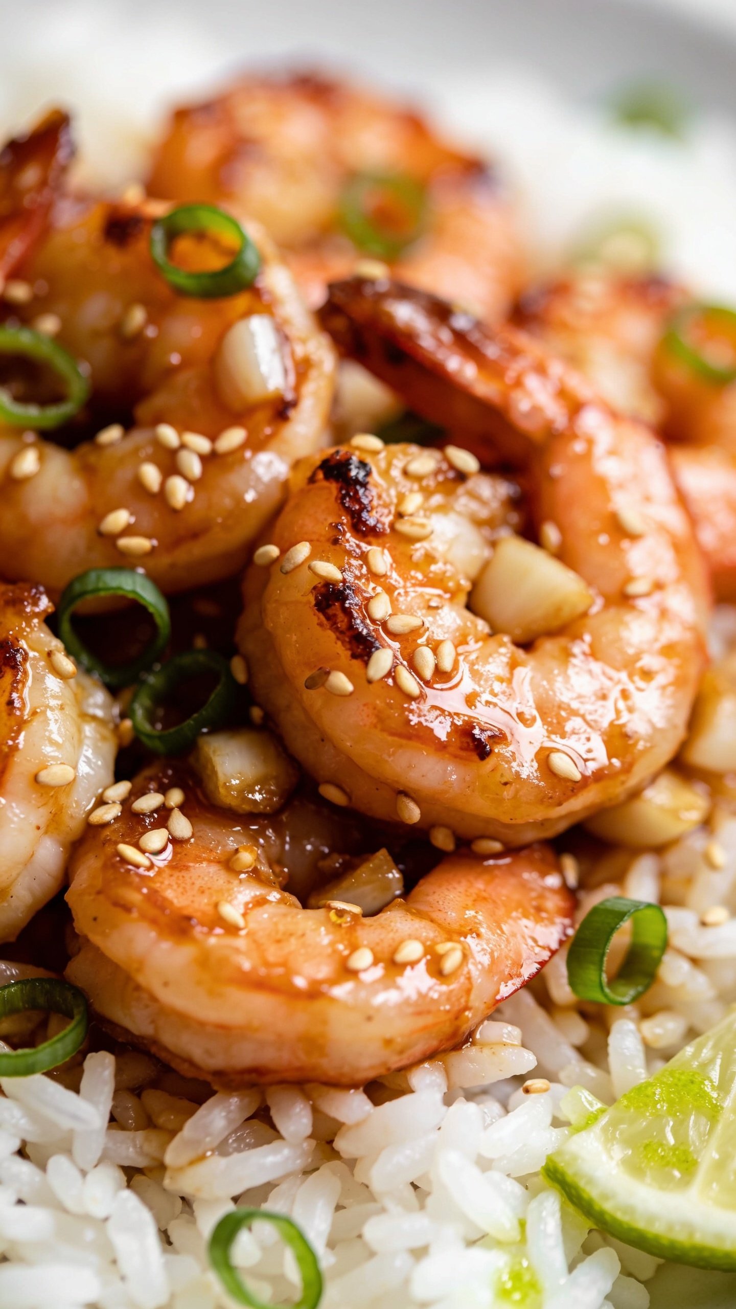 3. Extreme macro close-up from a low 3/4 angle of the same finished honey garlic shrimp over jasmine rice: focus on a cluster of shrimp showing caramelized edges, glistening garlic bits suspended in the sticky sauce, micro-beads of glaze on the surface, toasted sesame seeds and fresh green onion rings scattered, a subtle lime sheen on rice grains at the edge, natural side light creating mouthwatering highlights, shallow depth of field with creamy bokeh, 90â95% of frame filled with the dish, matching styling and color palette to the first two images.