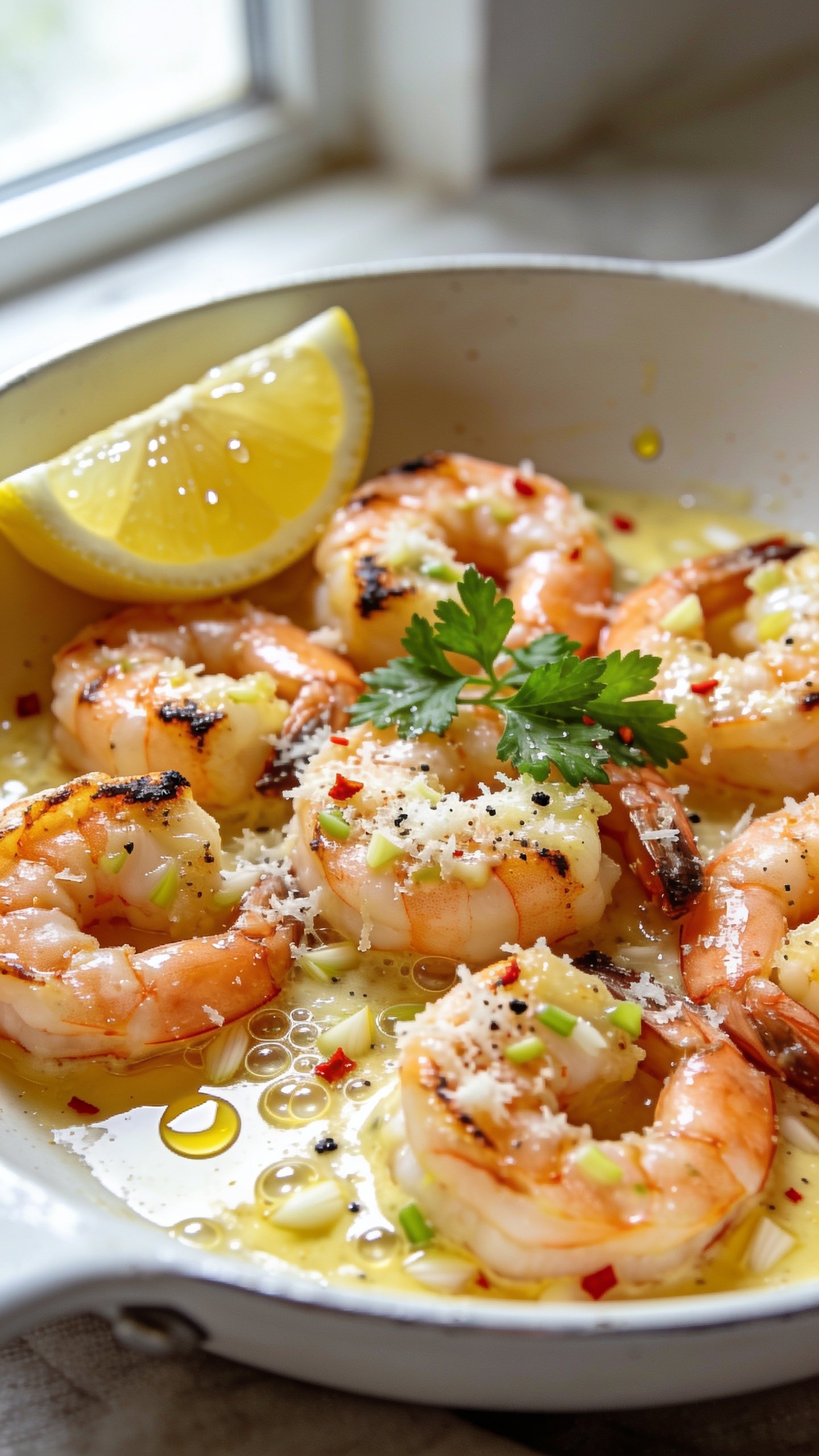 Extreme close-up hero shot of glossy garlic parmesan shrimp piled in a shallow white skillet, shrimp curled and lightly charred at the edges, coated in a buttery garlic-lemon sauce with visible minced garlic and micro-bubbles of butter, finely grated parmesan melting into the sauce and clinging to each shrimp, flecks of red pepper flakes and freshly cracked black pepper, bright parsley leaves sprinkled over top, a lemon wedge tucked at the edge of the pan lightly glistening, a few drops of sauce pooling around the shrimp, bright natural window light from the left, shallow depth of field with the front shrimp tack-sharp and the background softly blurred, premium food-blog styling, 90–95% of frame filled with the dish, no text.